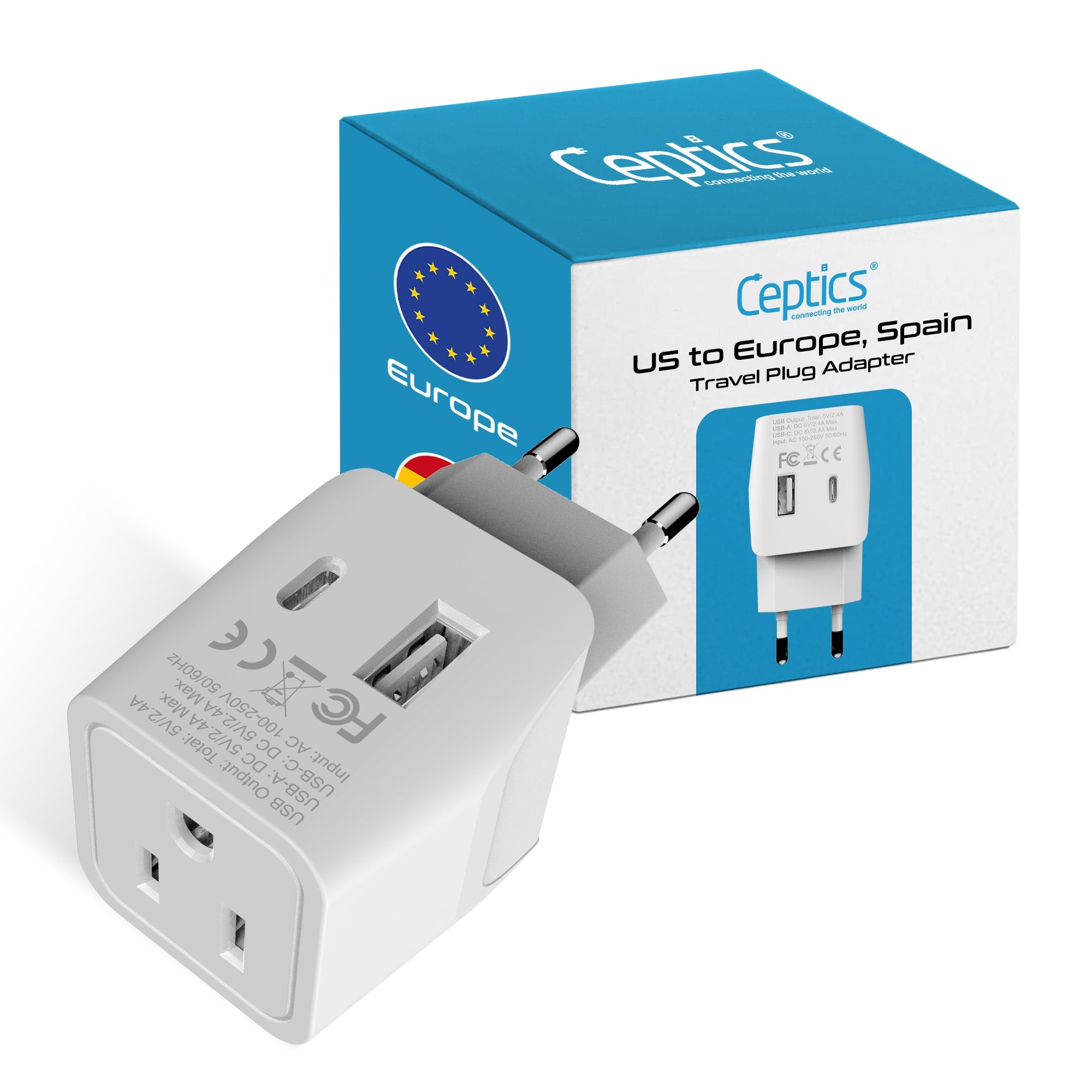 European Travel Adapter - Type C - USB A + USB C (CTU-9C)