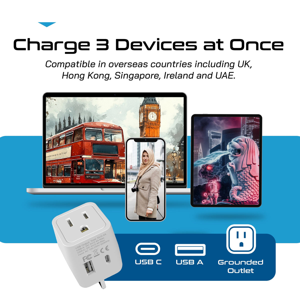 UK, England Travel Adapter - Type G - Dual USB (CTU-7)