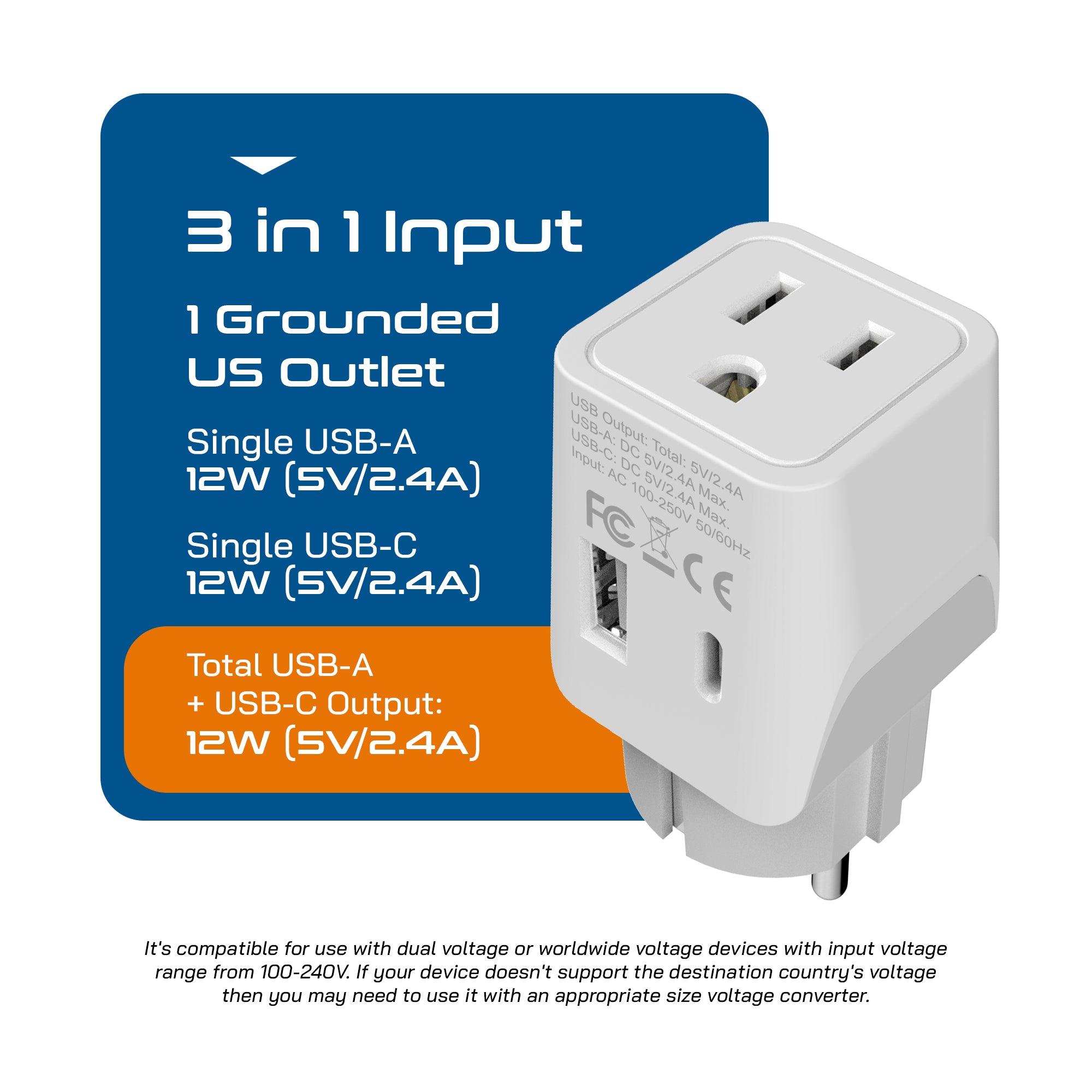 Europe (Schuko) Travel Adapter - Type E/F - USB A + USB C (CTU-9)