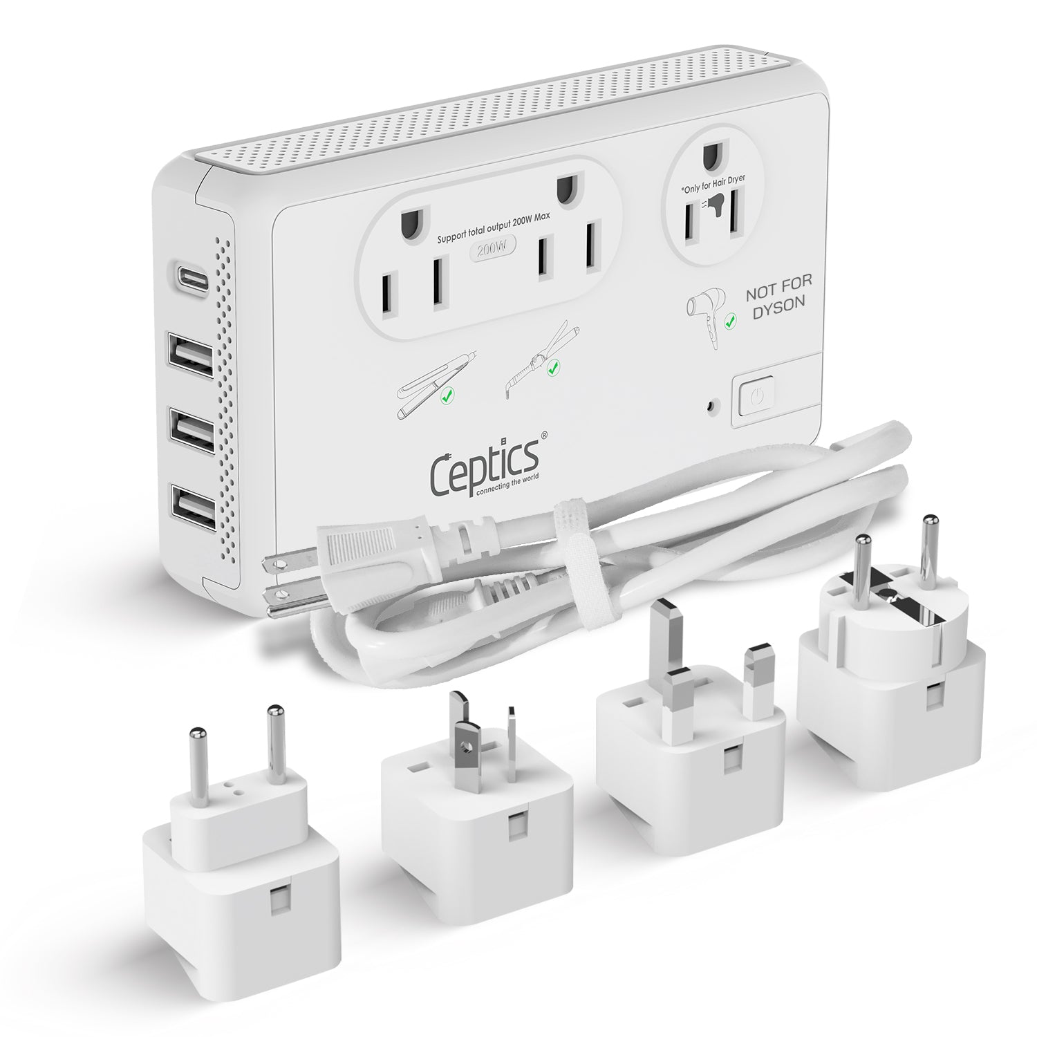200W/2000W Step Down Converter – 2x 200W, 1x 2000W outlets & 3x USB-A + 1x USB-C – AC 220-240V to 110V-120V Travel Voltage Converter - (LX-C2000)