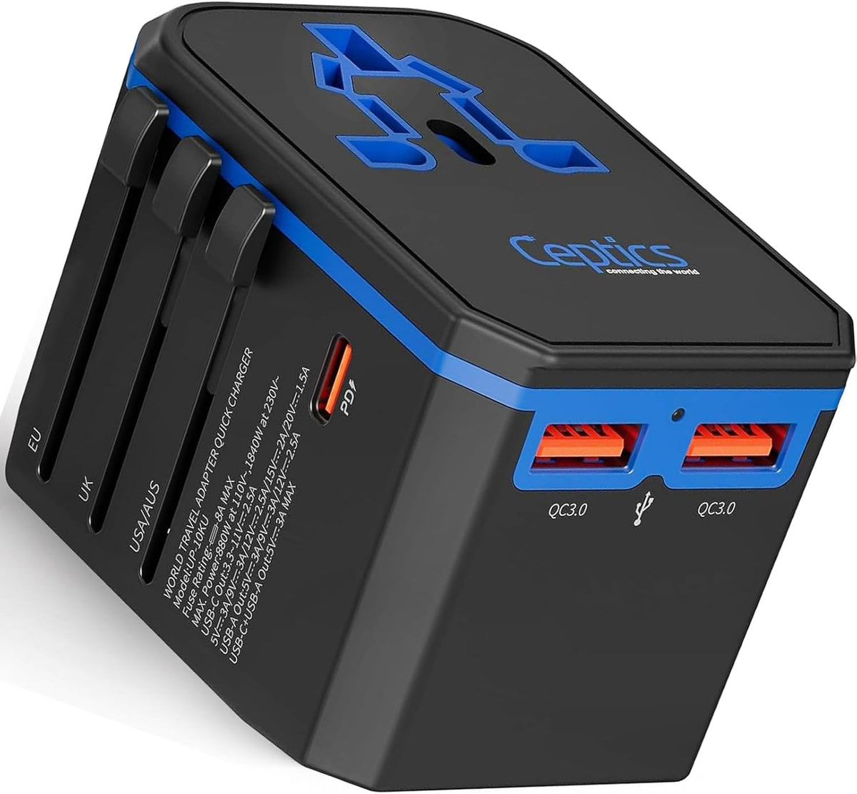 All-In-One International Travel Plug Adapter - USB C (PD-QC) - 2 USB Ports (UP-10KU)