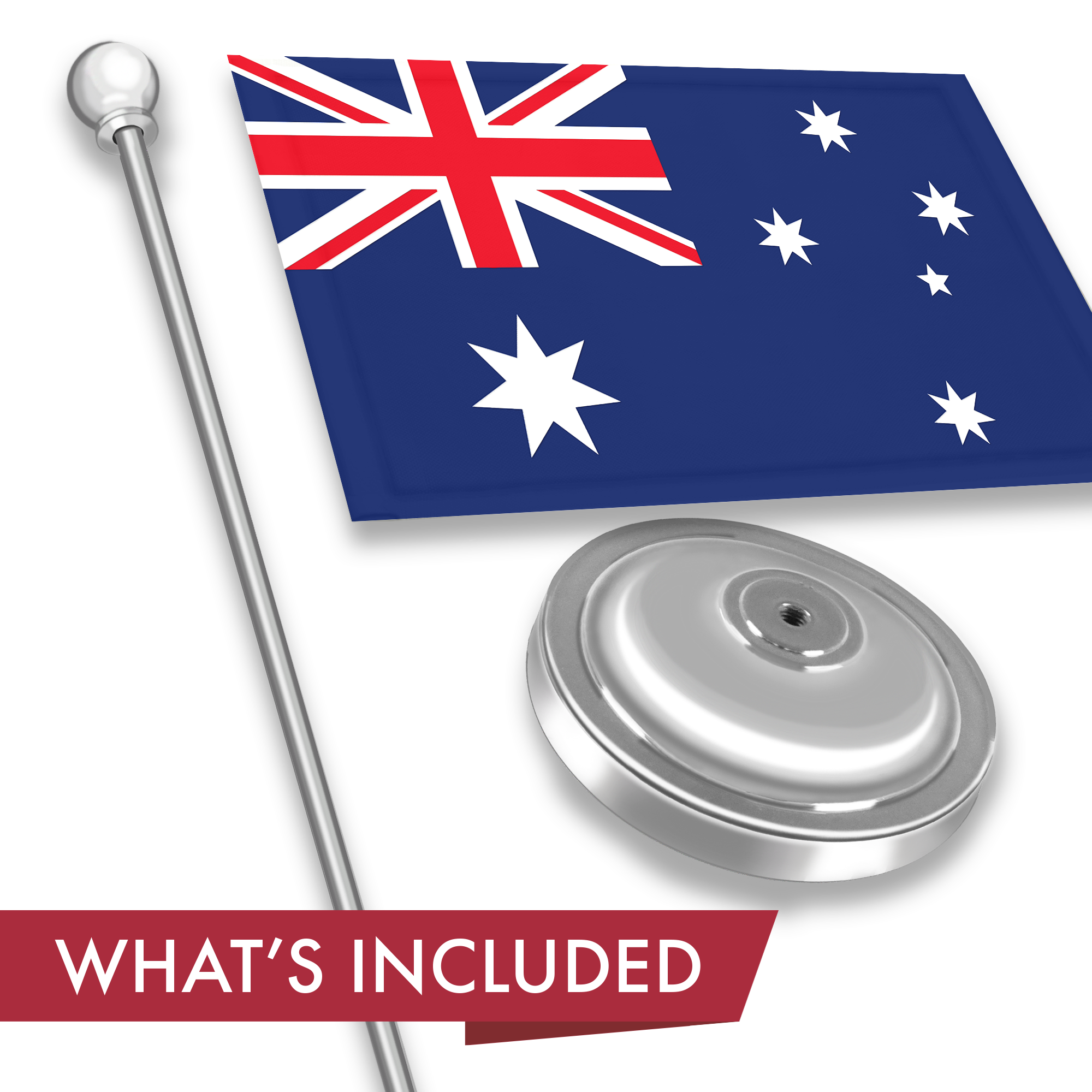 G128 Australia Australian Deluxe Desk Flag Set | 8.5x5.5 In | Printed 300D Polyester, with Silver Dome and Base, 15" Metal Pole, Decorations For Office, Home and Festival Events Celebration