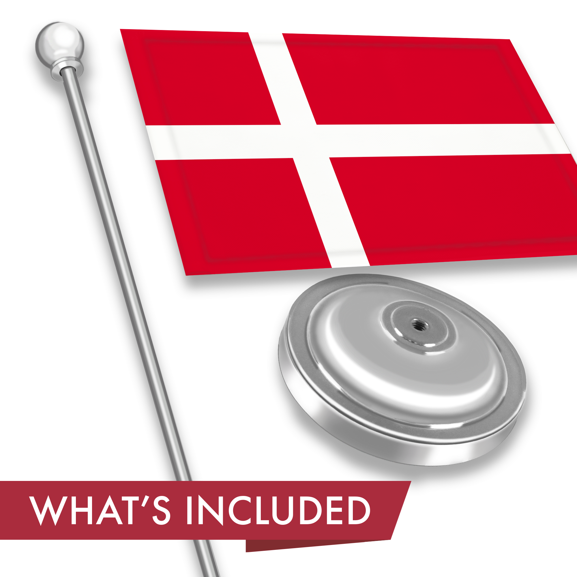 G128 Denmark Danish Deluxe Desk Flag Set | 8.5x5.5 In | Printed 300D Polyester, with Silver Dome and Base, 15" Metal Pole, Decorations For Office, Home and Festival Events Celebration
