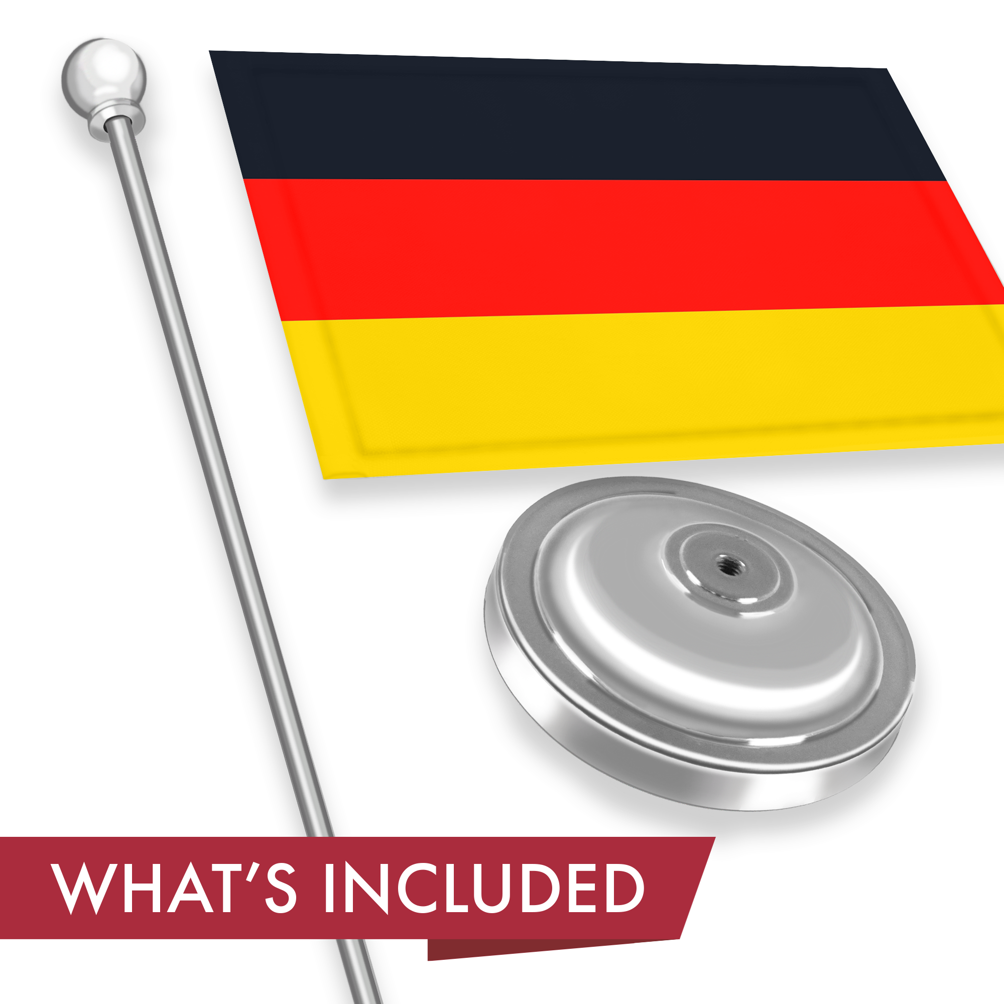 G128 Germany German Deluxe Desk Flag Set | 8.5x5.5 In | Printed 300D Polyester, with Silver Dome and Base, 15" Metal Pole, Decorations For Office, Home and Festival Events Celebration