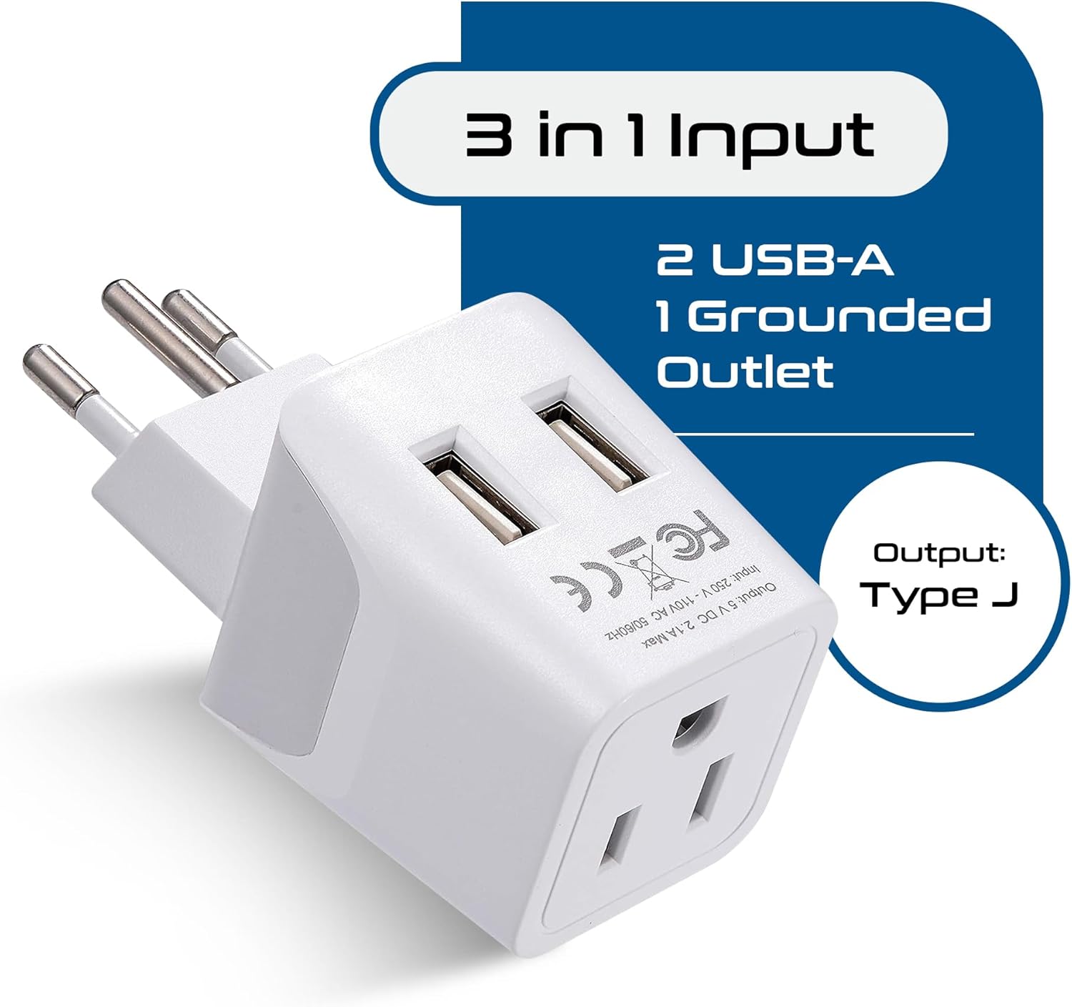 Switzerland Travel Adapter Plug Combo - Type J, C | Dual USB – Swiss Combo (CTU-9C-11A)