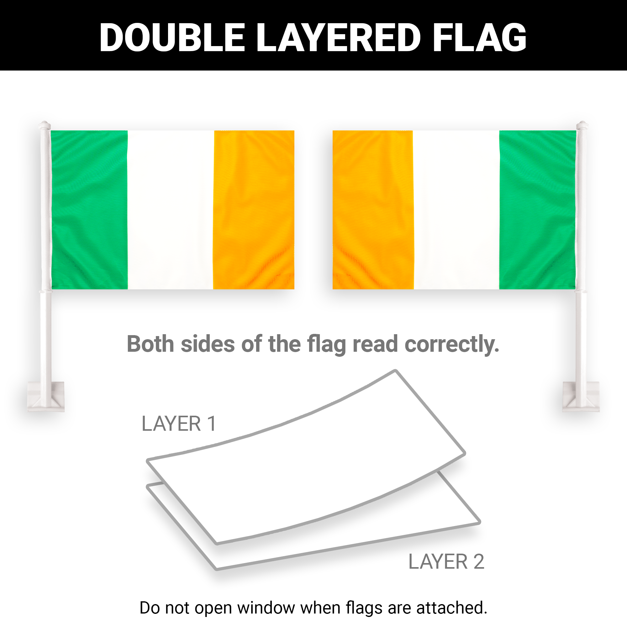 G128 2 Pack: Ireland Irish Car Flag | 11x17 In | Double LiteWeave Pro Series Double Sided Printed 150D Polyester | Flagpole Included | Perfect for Festival Celebrations, Parades