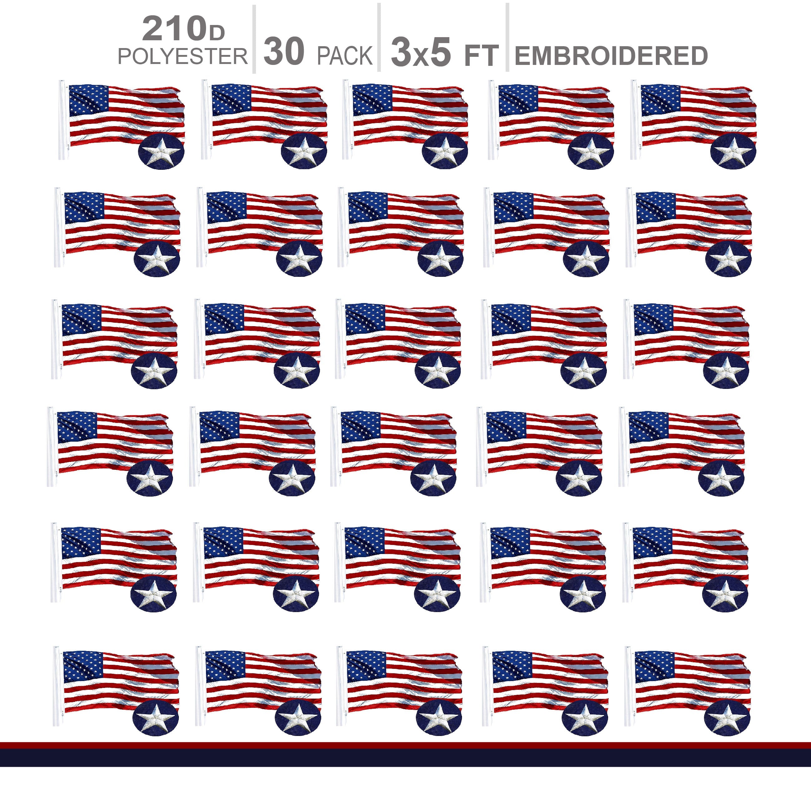 MULTI PACK: American Flag 210D Embroidered Polyester 3x5 Ft - 30 PACK
