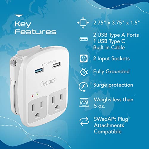 World-Way 6 Travel Adapter Kit | 2 USB + 2 US Outlets - Grounded (WPS-2B)