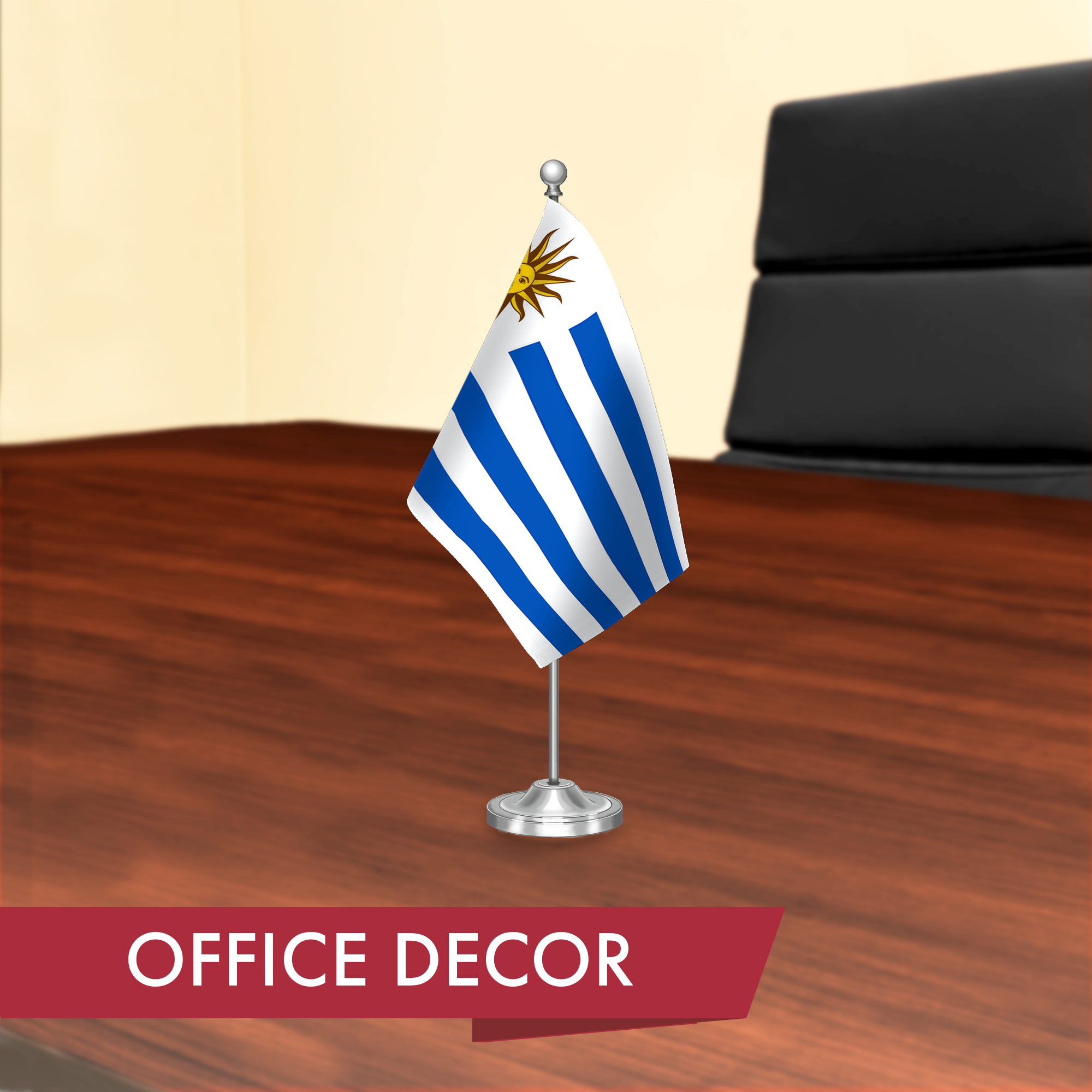 G128 Uruguay Uruguayan Deluxe Desk Flag Set | 8.5x5.5 In | Printed 300D Polyester, with Silver Dome and Base, 15" Metal Pole, Decorations For Office, Home and Festival Events Celebration