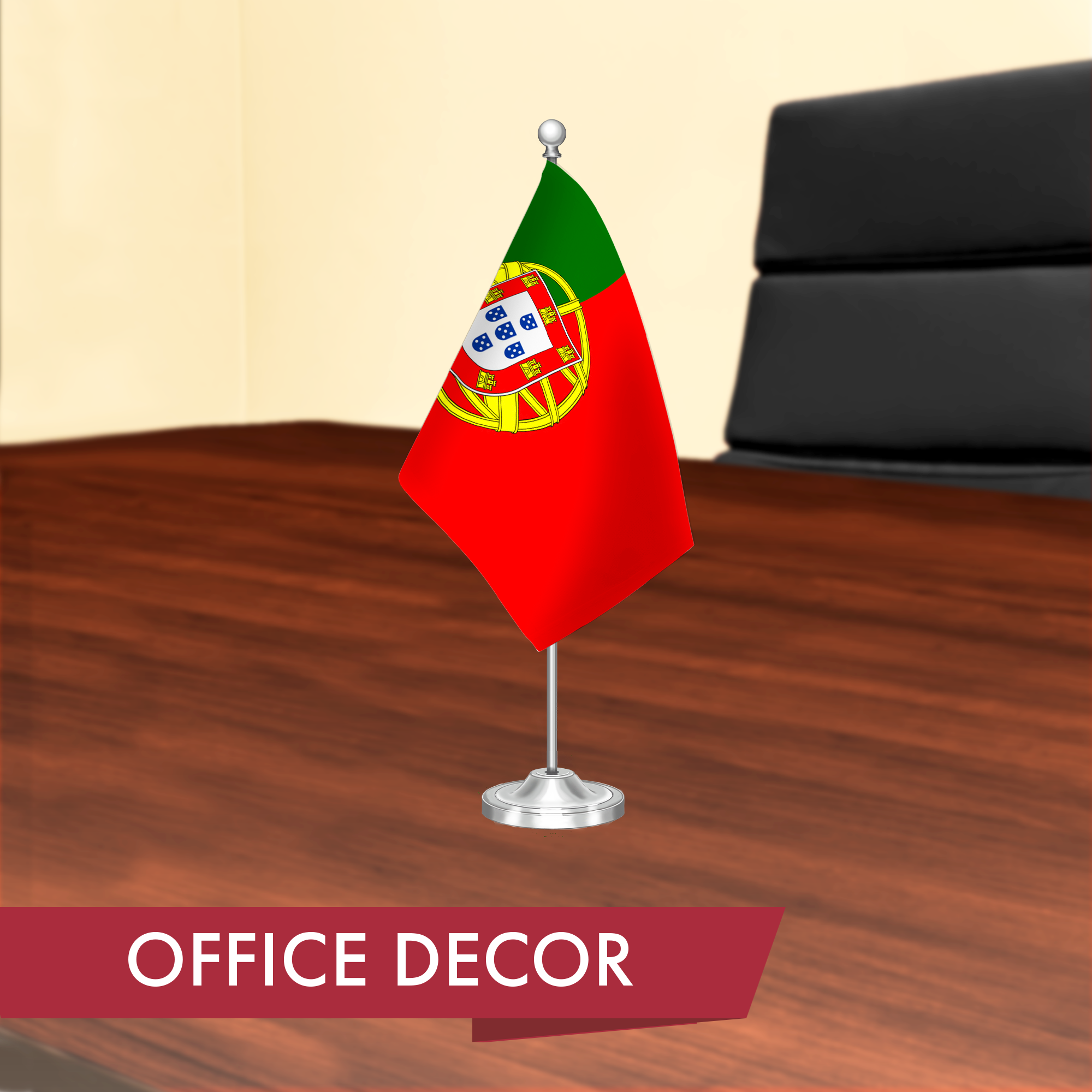 G128 Portugal Portuguese Deluxe Desk Flag Set | 8.5x5.5 In | Printed 300D Polyester, with Silver Dome and Base, 15" Metal Pole, Decorations For Office, Home and Festival Events Celebration