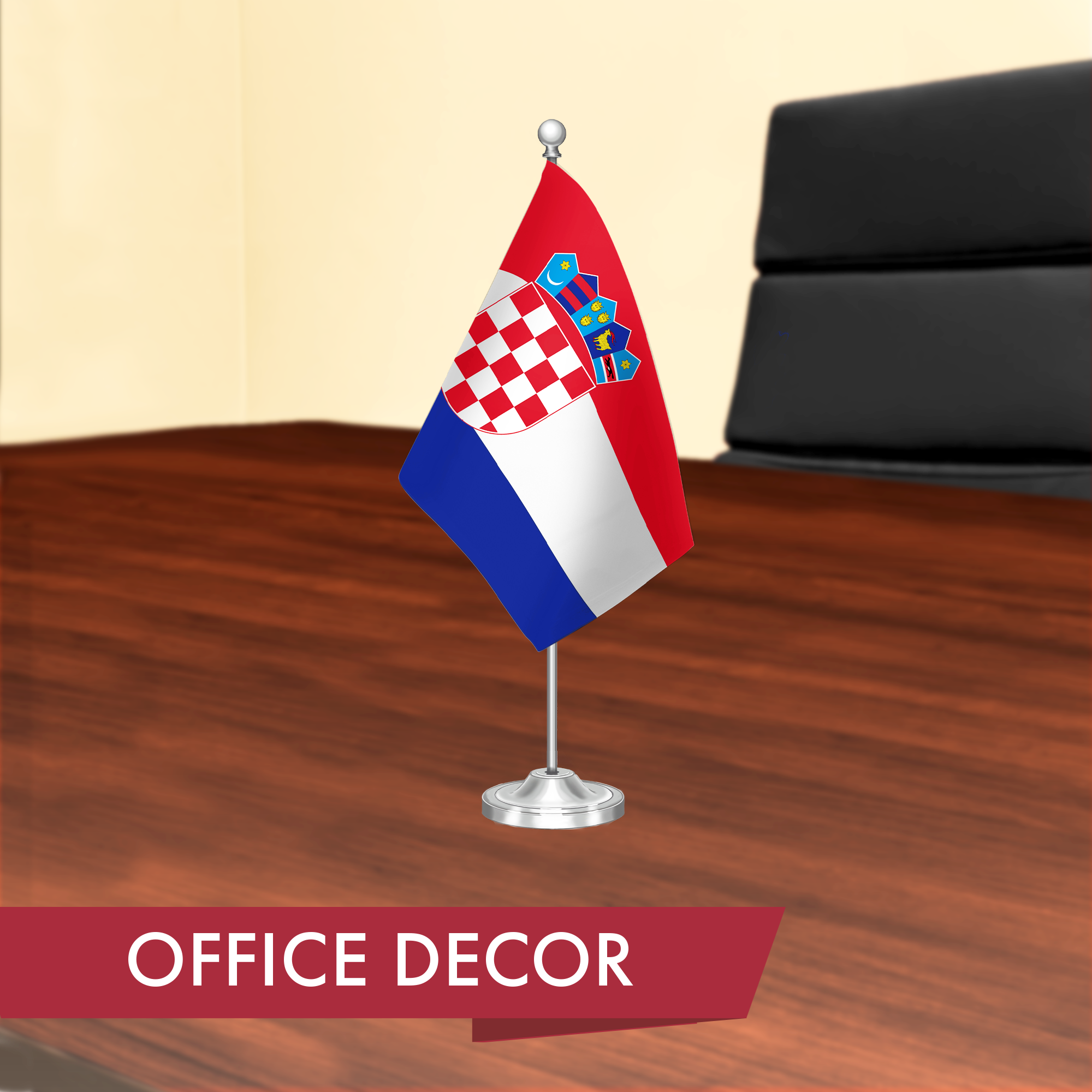 G128 Croatia Croatian Deluxe Desk Flag Set | 8.5x5.5 In | Printed 300D Polyester, with Silver Dome and Base, 15" Metal Pole, Decorations For Office, Home and Festival Events Celebration