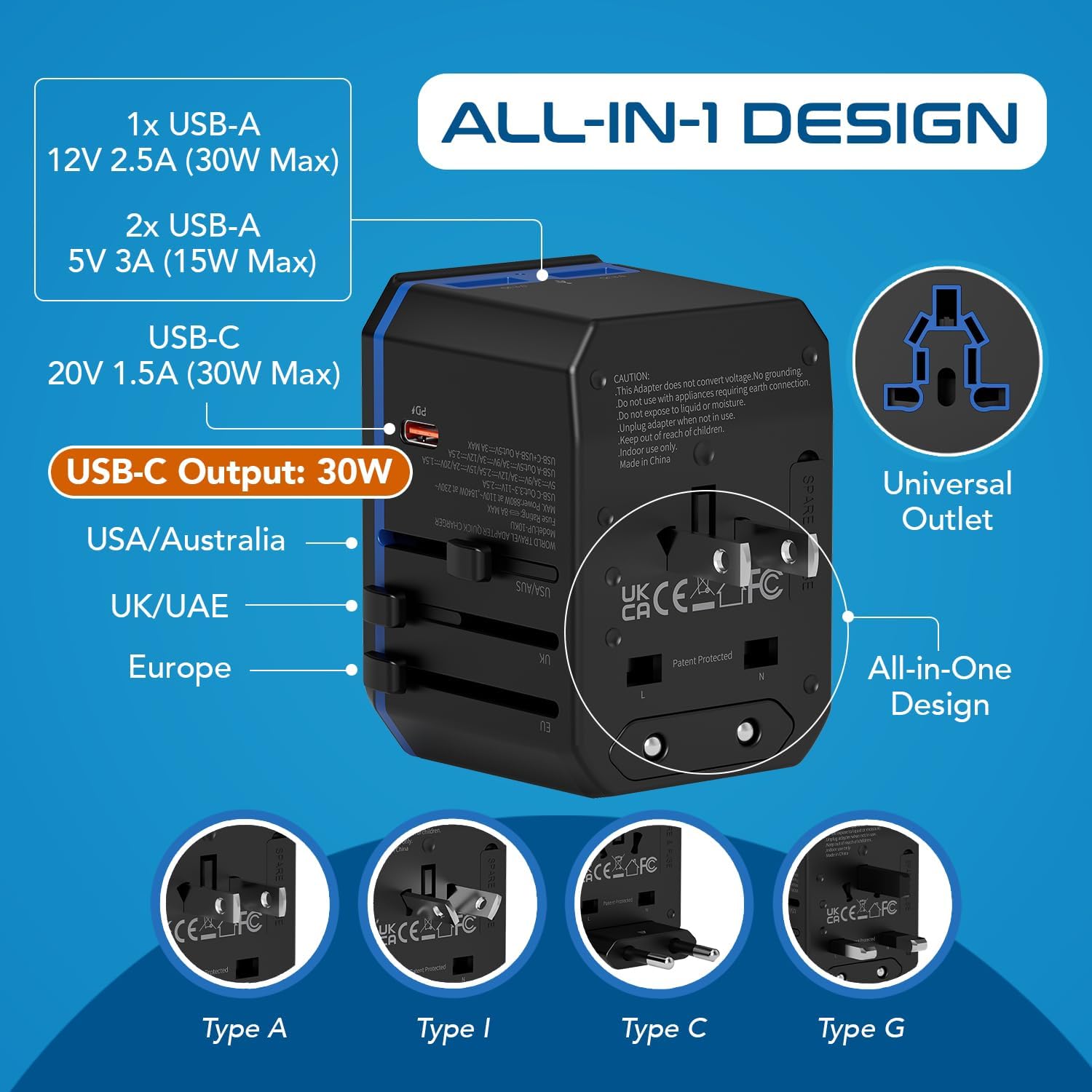 All-In-One International Travel Plug Adapter - USB C (PD-QC) - 2 USB Ports (UP-10KU)
