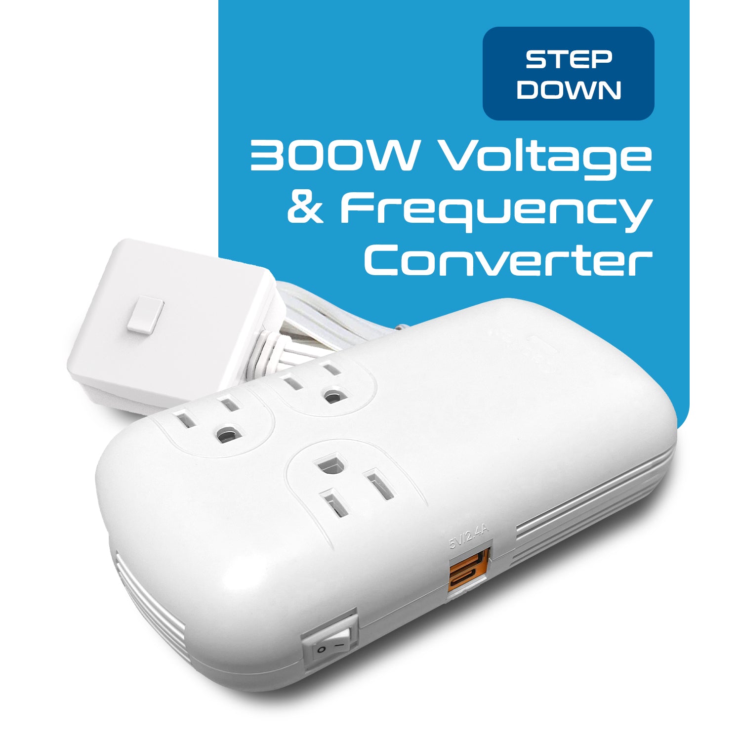 300W Step Down Converter – 3x USA Outlets & 1 USB-A + 1 USB-C PD 18W – AC 220-240V 50Hz to 110-120V 60Hz Travel Voltage & Frequency Converter - (PU-300-WS)