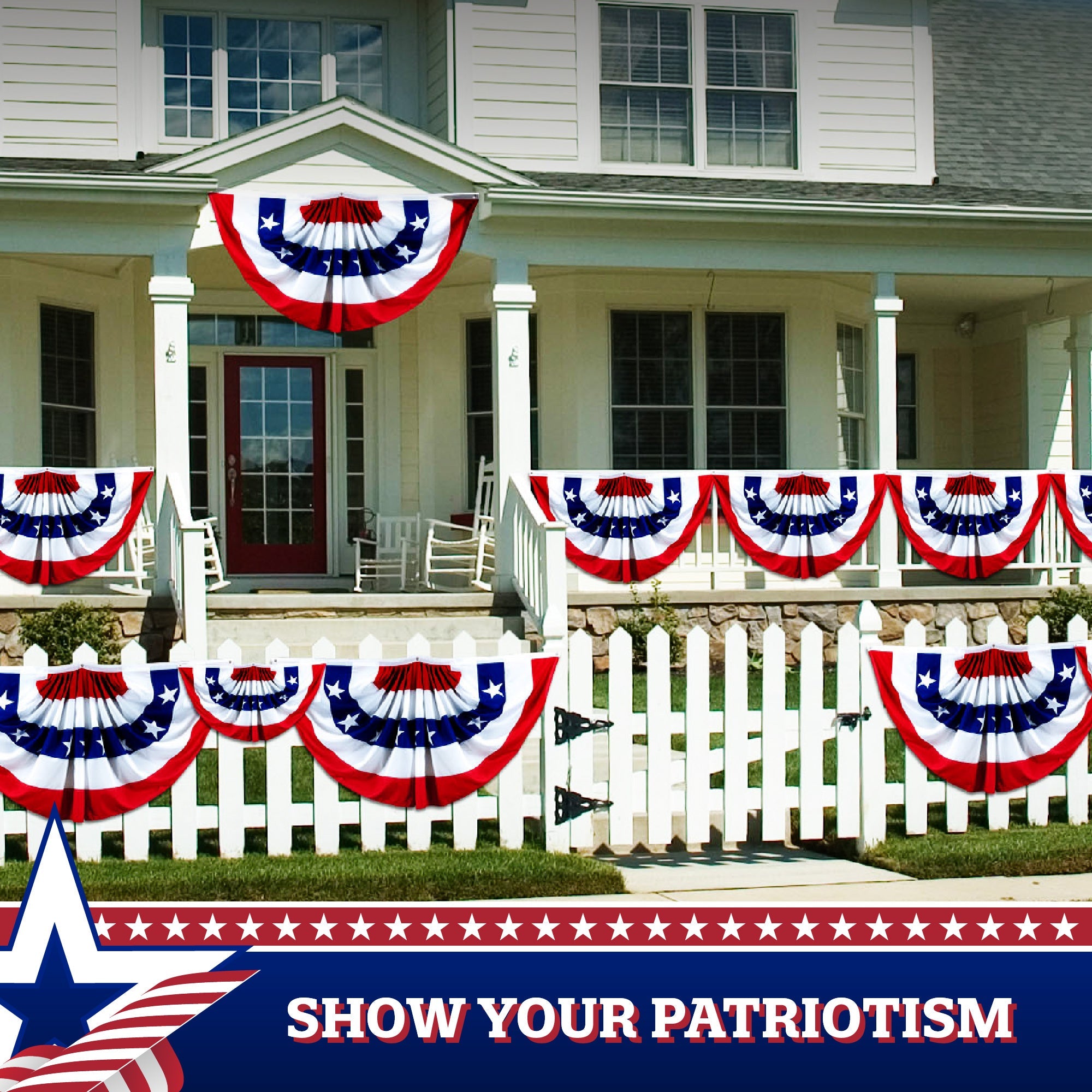 G128 - USA Pleated Fan Flag, 3x6 Feet American USA Bunting Decoration Flags Printed Patriotic Stars & Stripes with Canvas Header and Brass Grommets