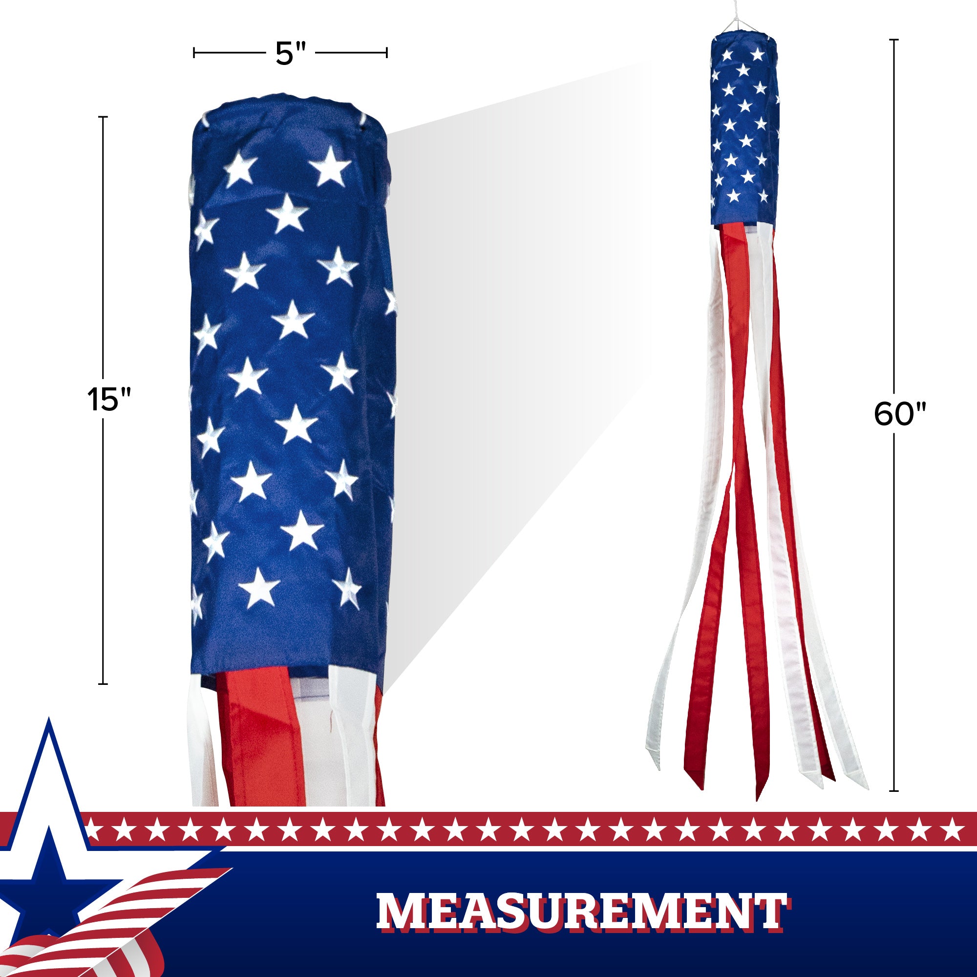 G128 American USA Windsock | 60 Inch | Embroidered 210D Polyester, Patriotic Hanging Decoration