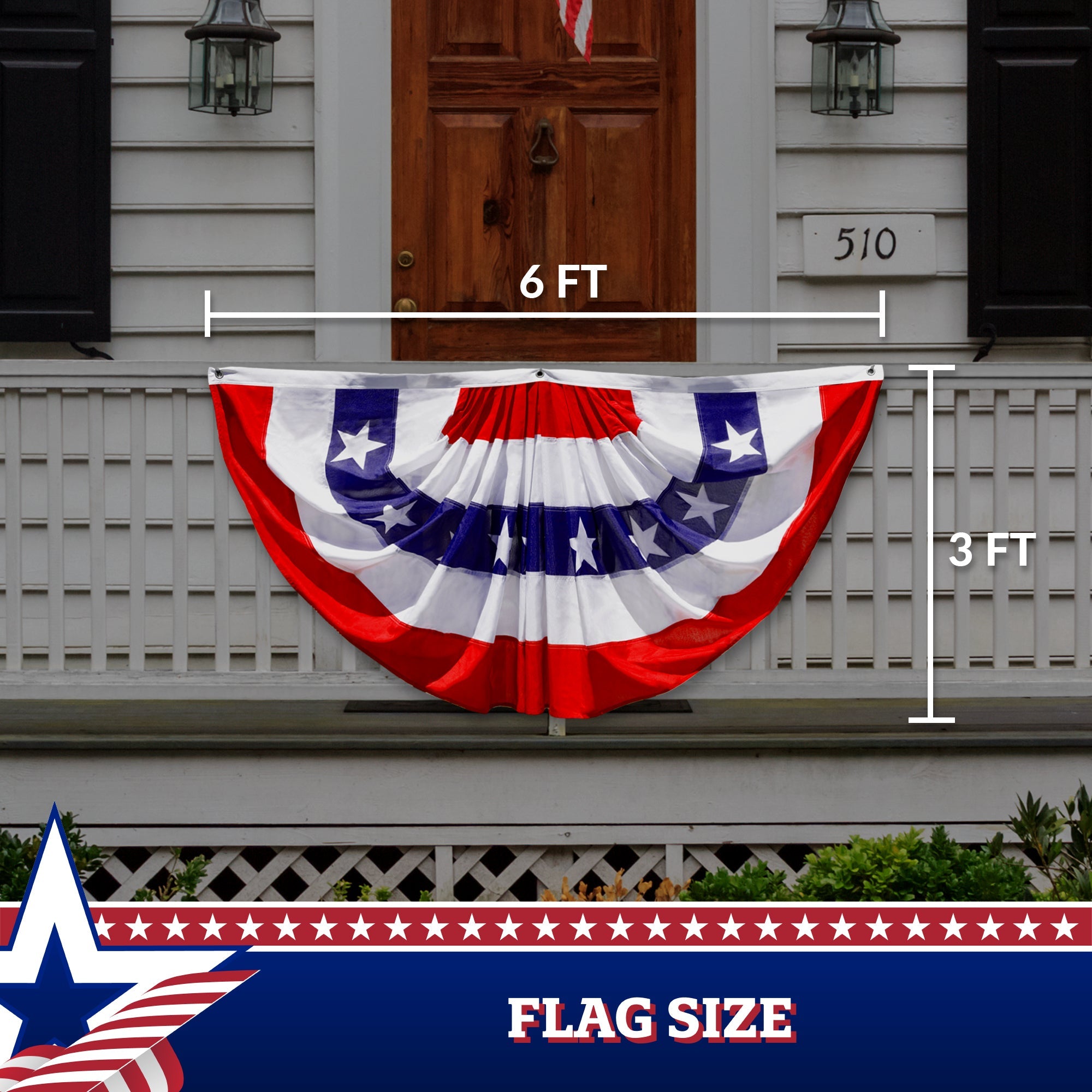 G128 - USA Pleated Fan Flag, 3x6 Feet American USA Bunting Decoration Flags Printed Patriotic Stars & Stripes with Canvas Header and Brass Grommets