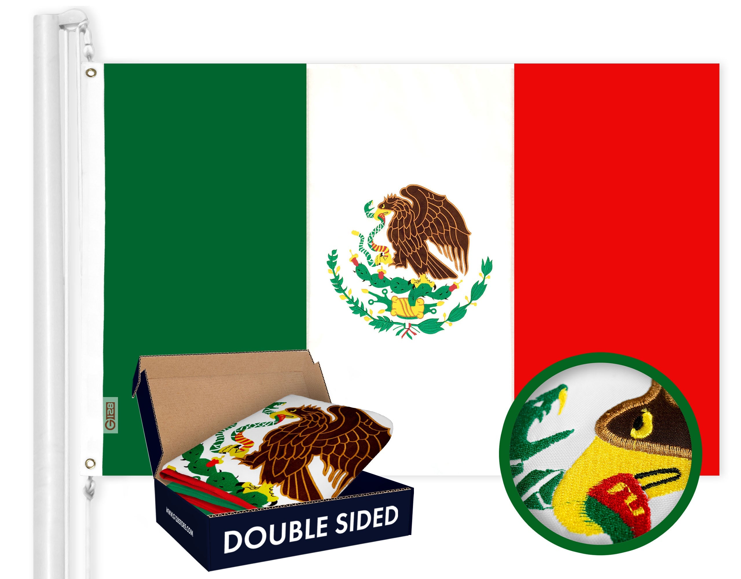 G128 Mexico Mexican Flag | 2.5x4 Ft | Double ToughWeave Series Double Sided Embroidered 210D Polyester | Country Flag, Embroidered Design, Indoor/Outdoor, Brass Grommets, Heavy Duty, 3-ply
