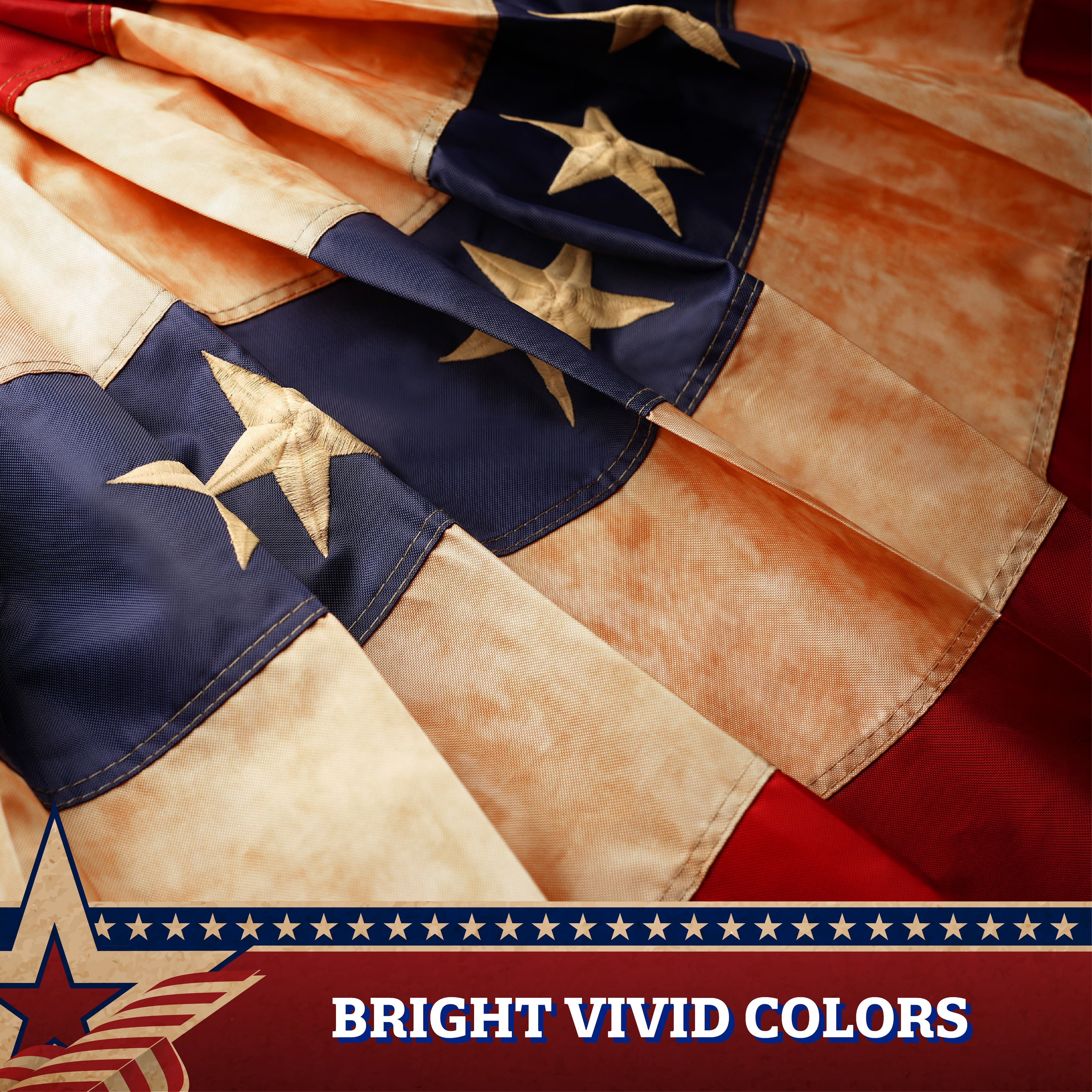 G128 USA Tea Stained Pleated Fan Flag 1.5x3FT Embroidered Polyester Stars and Stripes