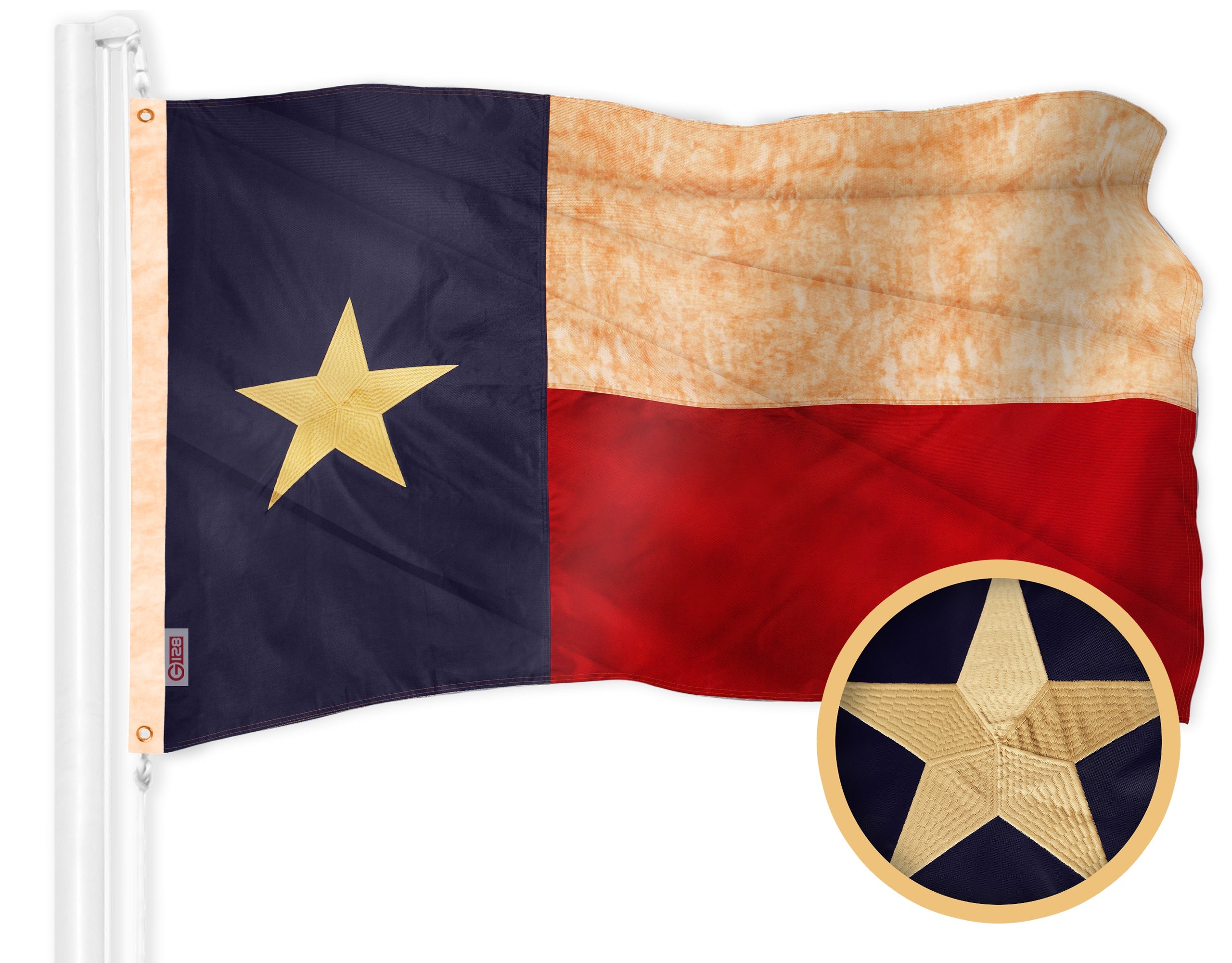G128 Texas Tea-Stained TX State Flag | 1x1.5 Ft | Embroidered 420D Polyester - Embroidered Stars, Sewn Stripes, Brass Grommets, Indoor/Outdoor, Vibrant Colors, Quality Polyester