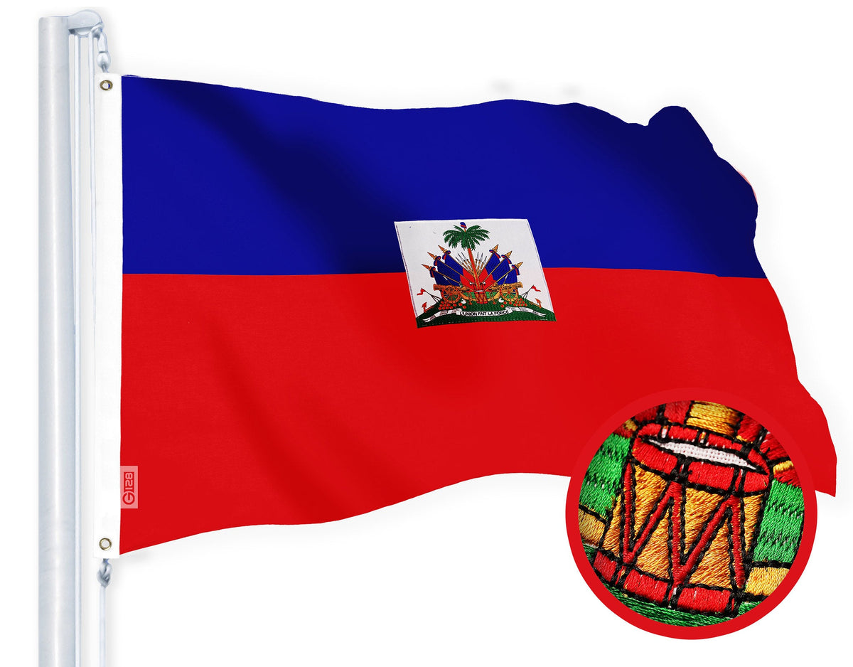 G128 Haiti Haitian Flag | 4x6 Ft | StormFlyer Series Embroidered 220GSM Spun Polyester | Country Flag, Embroidered Design, Indoor/Outdoor, Brass Grommets, Heavy Duty, All Weather