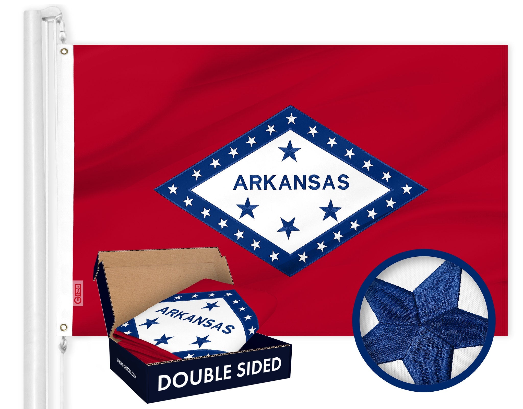 Arkansas State Flag | 3x5 Ft | Double ToughWeave Series Double Sided Embroidered 210D Polyester | Embroidered Design, Indoor/Outdoor, Brass Grommets, Heavy Duty, 2-ply