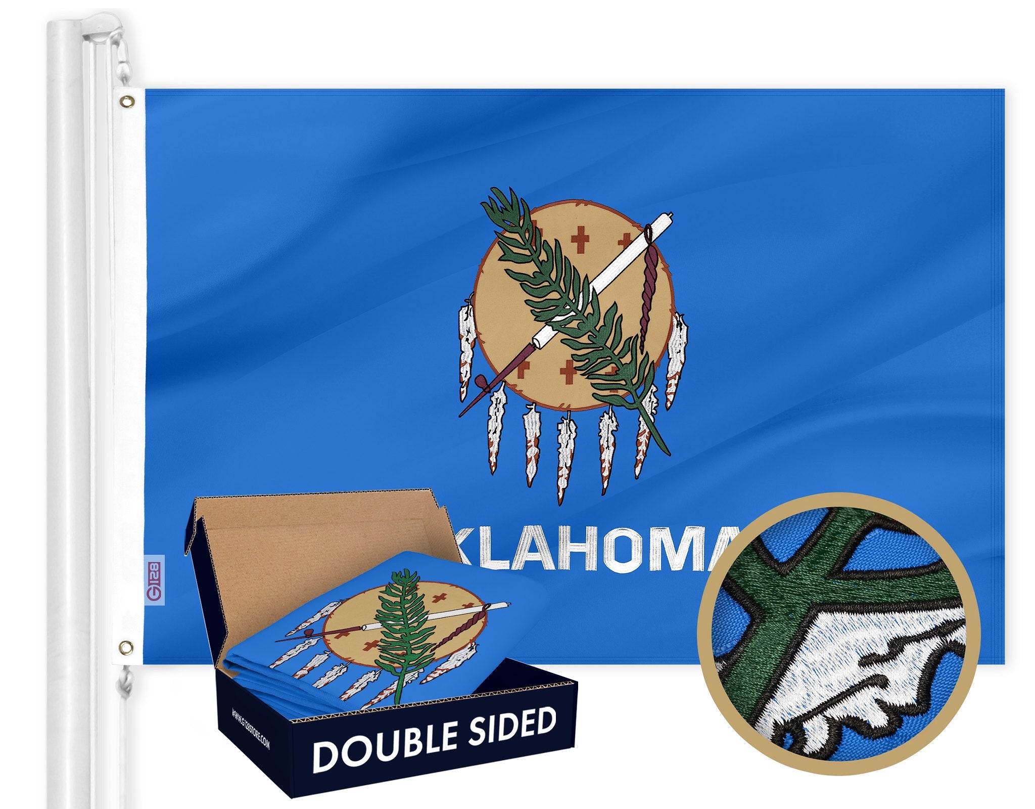 G128 Oklahoma State Flag | 3x5 Ft | Double ToughWeave Series Double Sided Embroidered 210D Polyester | Embroidered Design, Indoor/Outdoor, Brass Grommets, Heavy Duty, 2-ply