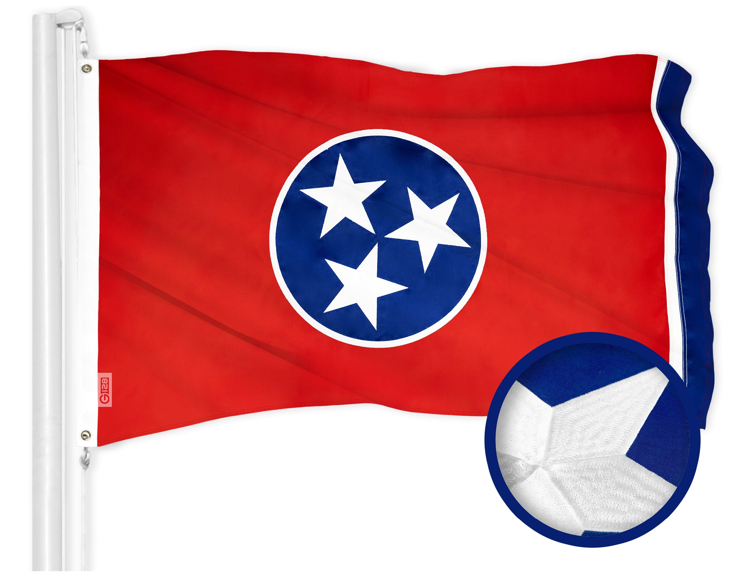 G128 Tennessee TN State Flag | 1x1.5 Ft | ToughWeave Series Embroidered 300D Polyester | Embroidered Design, Indoor/Outdoor, Brass Grommets