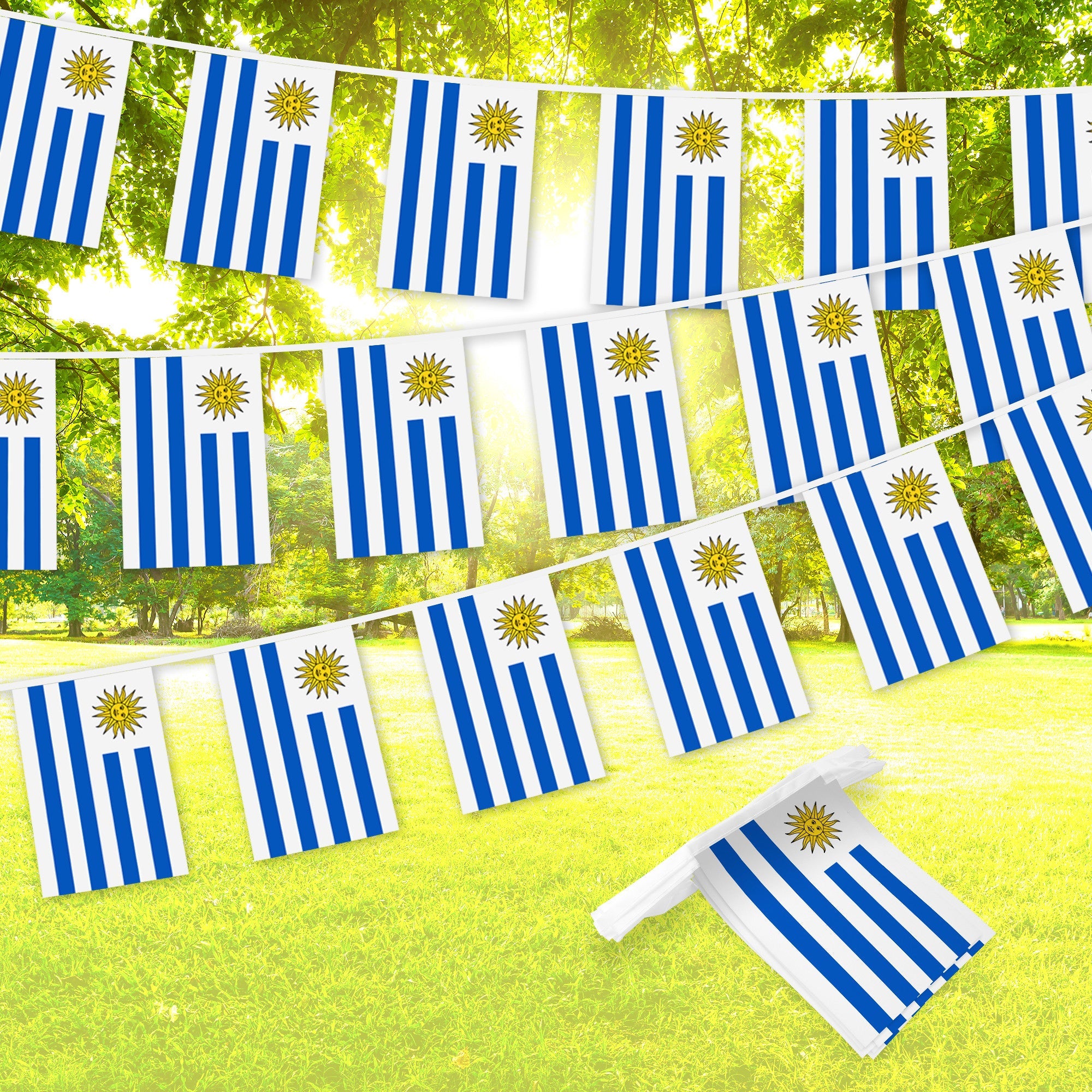 G128 Uruguay Uruguayan Bunting Banner | Flag 8.2 x 5.5 Inch, Full String 33 Feet | Printed 150D Polyester, Decorations For Bar, School, Festival Events Celebration
