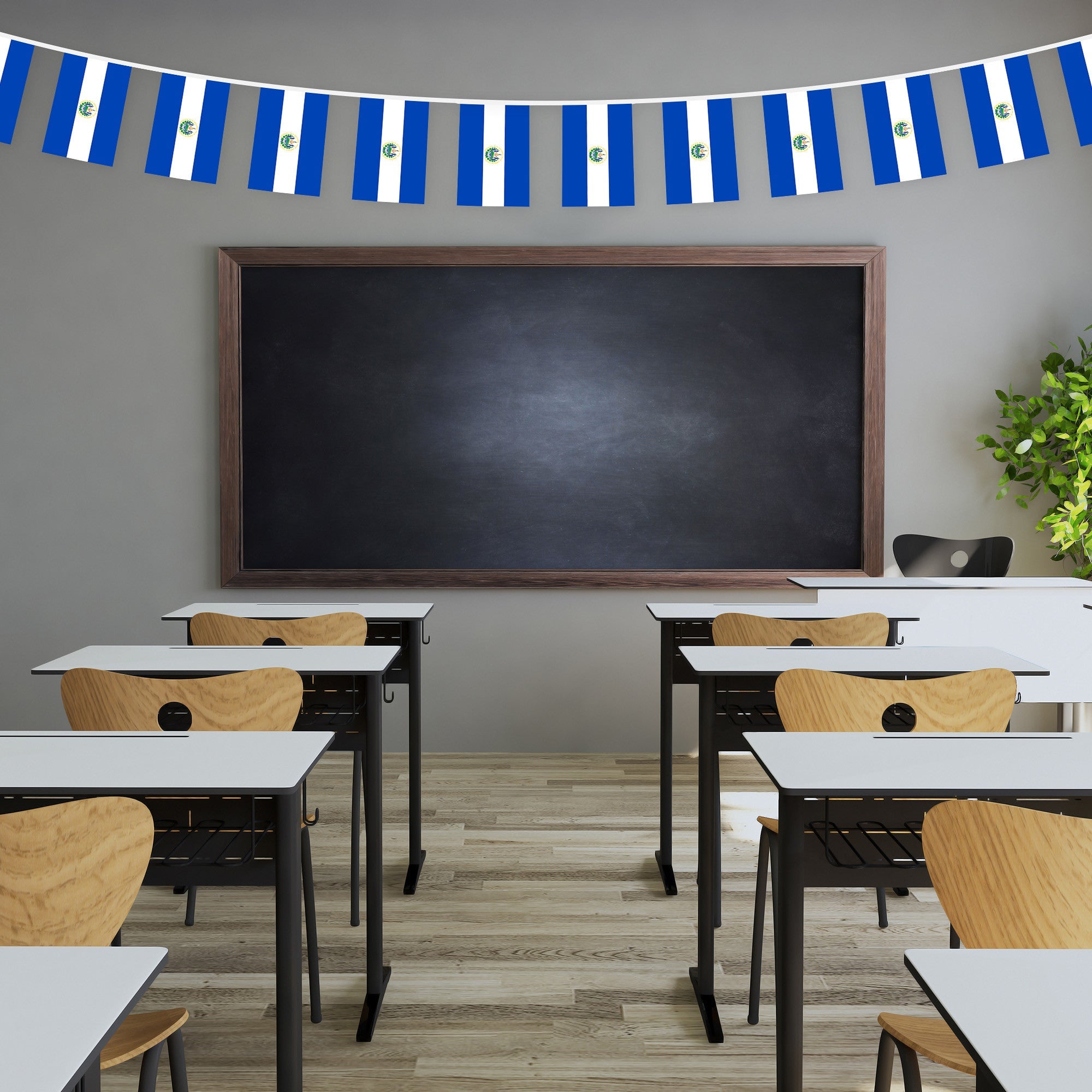 G128 El Salvador Salvadoran Bunting Banner | Flag 8.2 x 5.5 Inch, Full String 33 Feet | Printed 150D Polyester, Decorations For Bar, School, Festival Events Celebration
