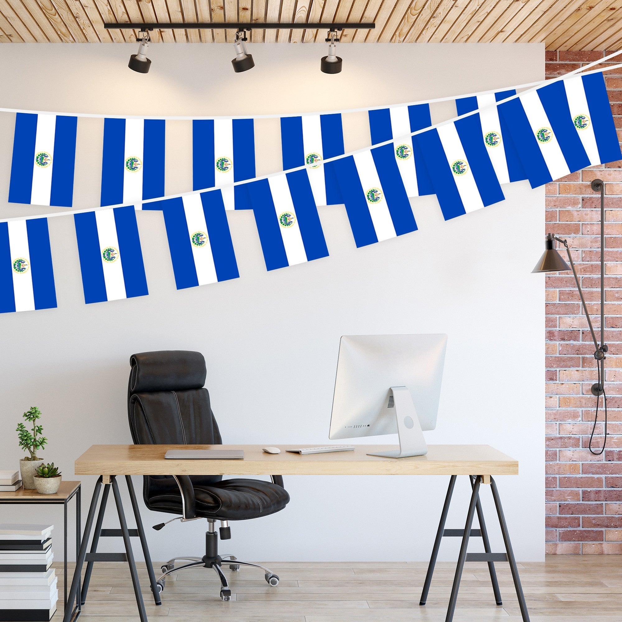 G128 El Salvador Salvadoran Bunting Banner | Flag 8.2 x 5.5 Inch, Full String 33 Feet | Printed 150D Polyester, Decorations For Bar, School, Festival Events Celebration