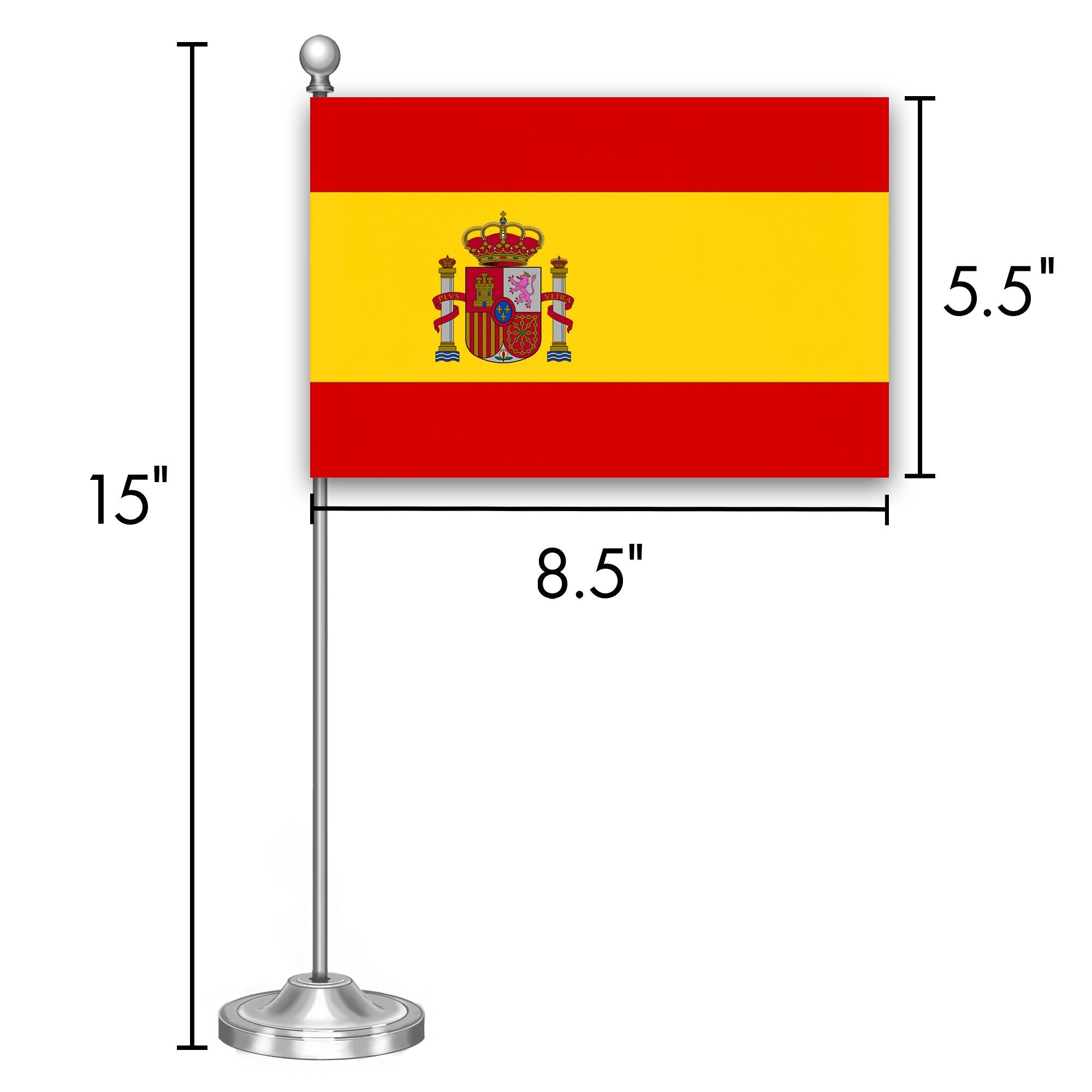 G128 Spain Spanish Deluxe Desk Flag Set | 8.5x5.5 In | Printed 300D Polyester, with Silver Dome and Base, 15" Metal Pole, Decorations For Office, Home and Festival Events Celebration