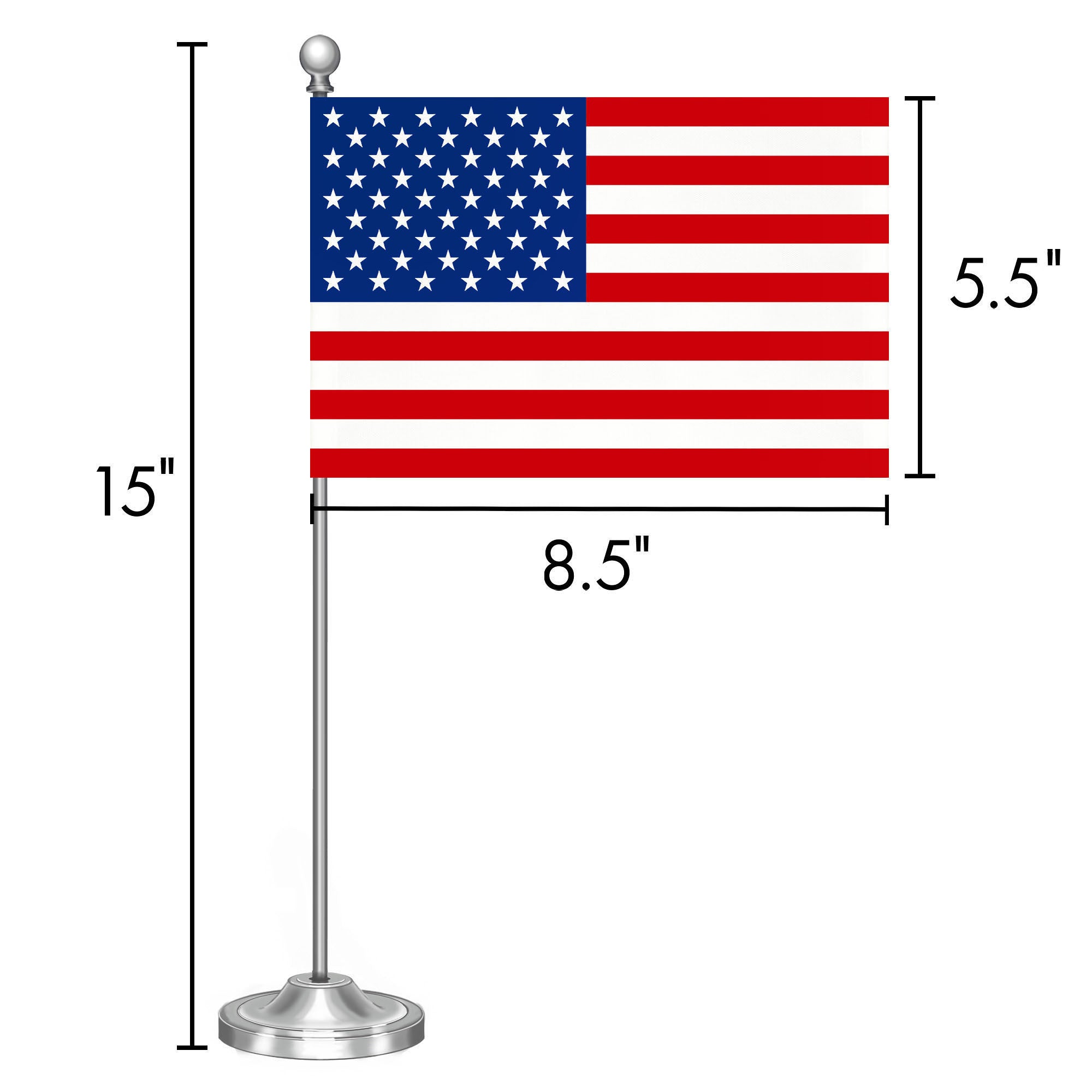 G128 American USA Deluxe Desk Flag Set | 8.5x5.5 In | Printed 300D Polyester, with Silver Dome and Base, 15" Metal Pole, Decorations For Office, Home and Festival Events Celebration