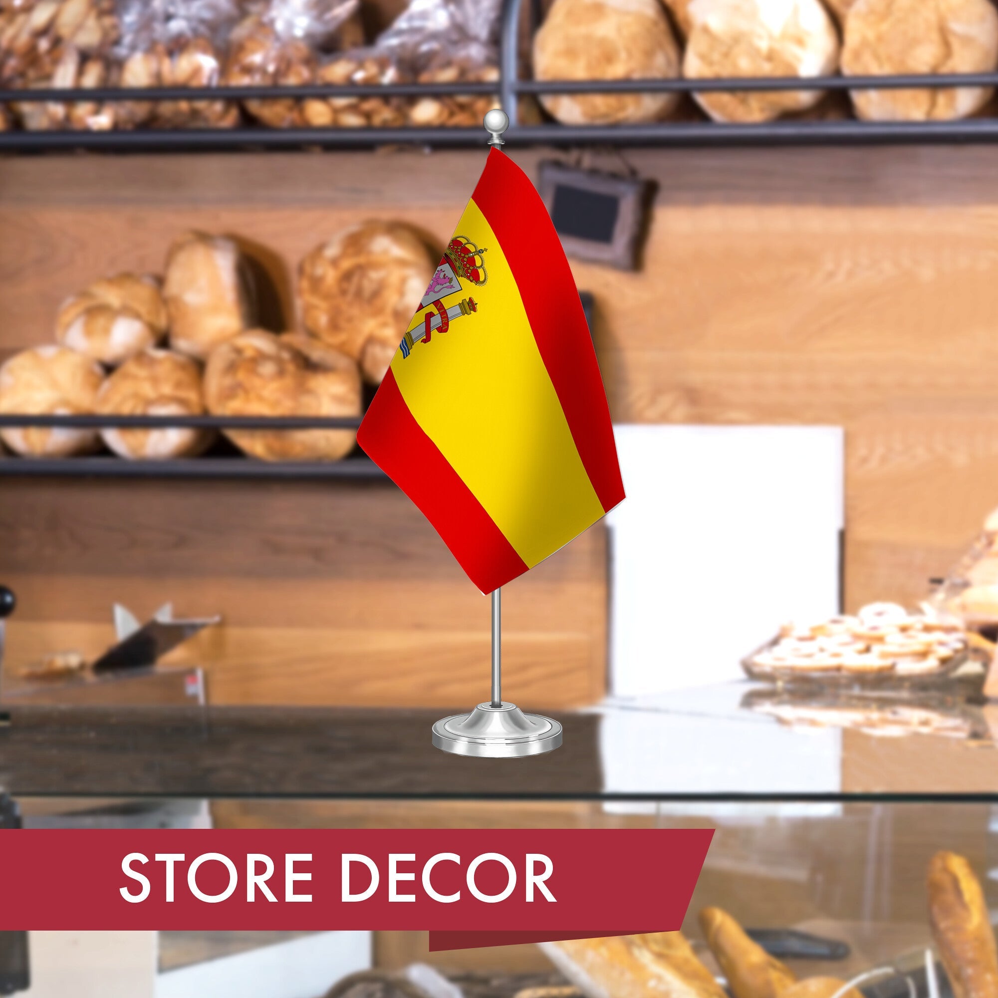 G128 Spain Spanish Deluxe Desk Flag Set | 8.5x5.5 In | Printed 300D Polyester, with Silver Dome and Base, 15" Metal Pole, Decorations For Office, Home and Festival Events Celebration