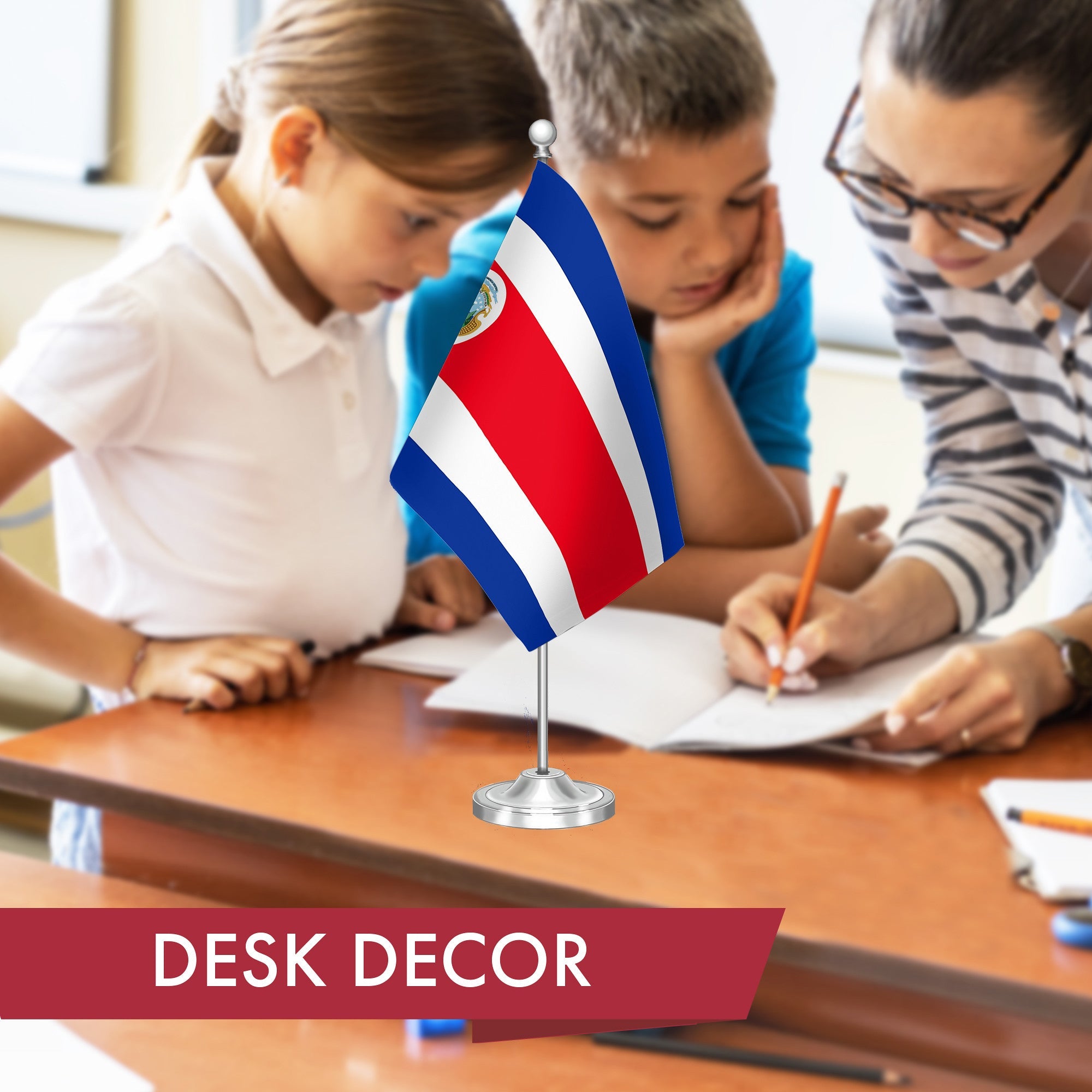G128 Costa Rica Costa Rican Deluxe Desk Flag Set | 8.5x5.5 In | Printed 300D Polyester, with Silver Dome and Base, 15" Metal Pole, Decorations For Office, Home and Festival Events Celebration