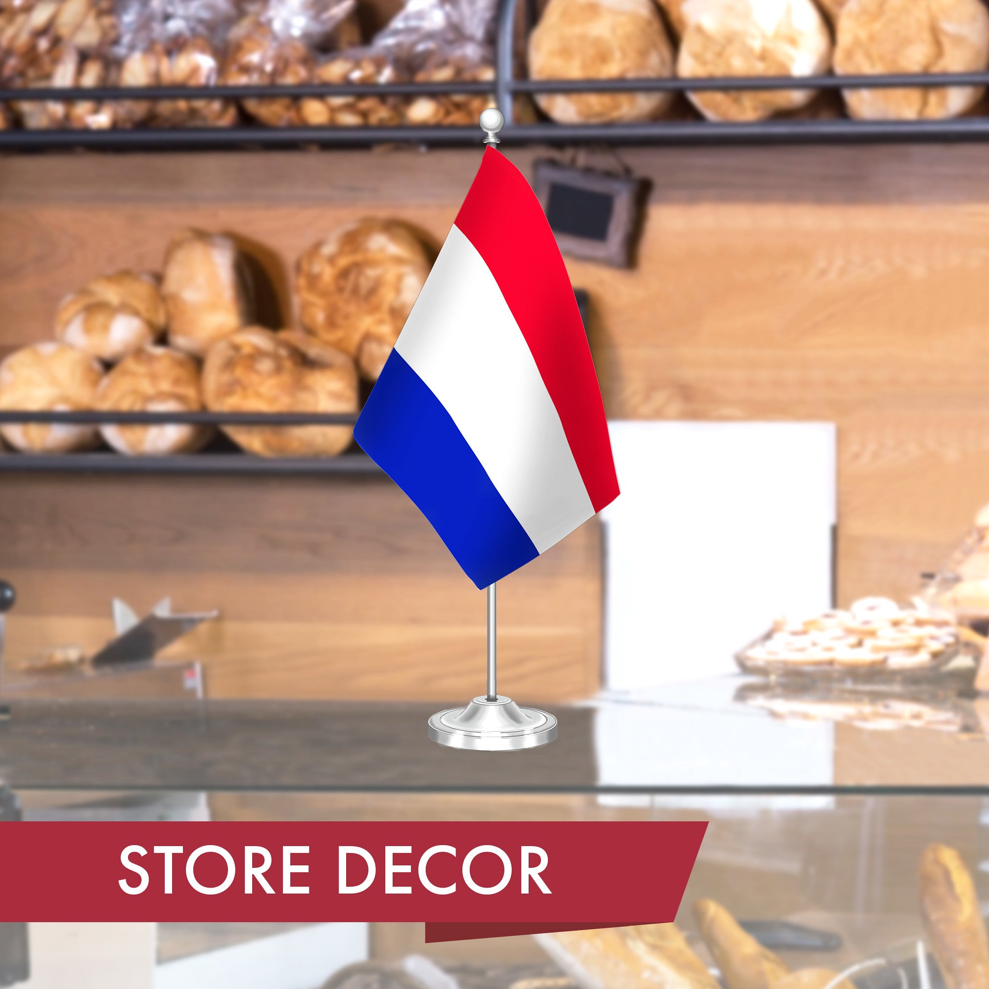 G128 Netherlands Dutch Deluxe Desk Flag Set | 8.5x5.5 In | Printed 300D Polyester, with Silver Dome and Base, 15" Metal Pole, Decorations For Office, Home and Festival Events Celebration
