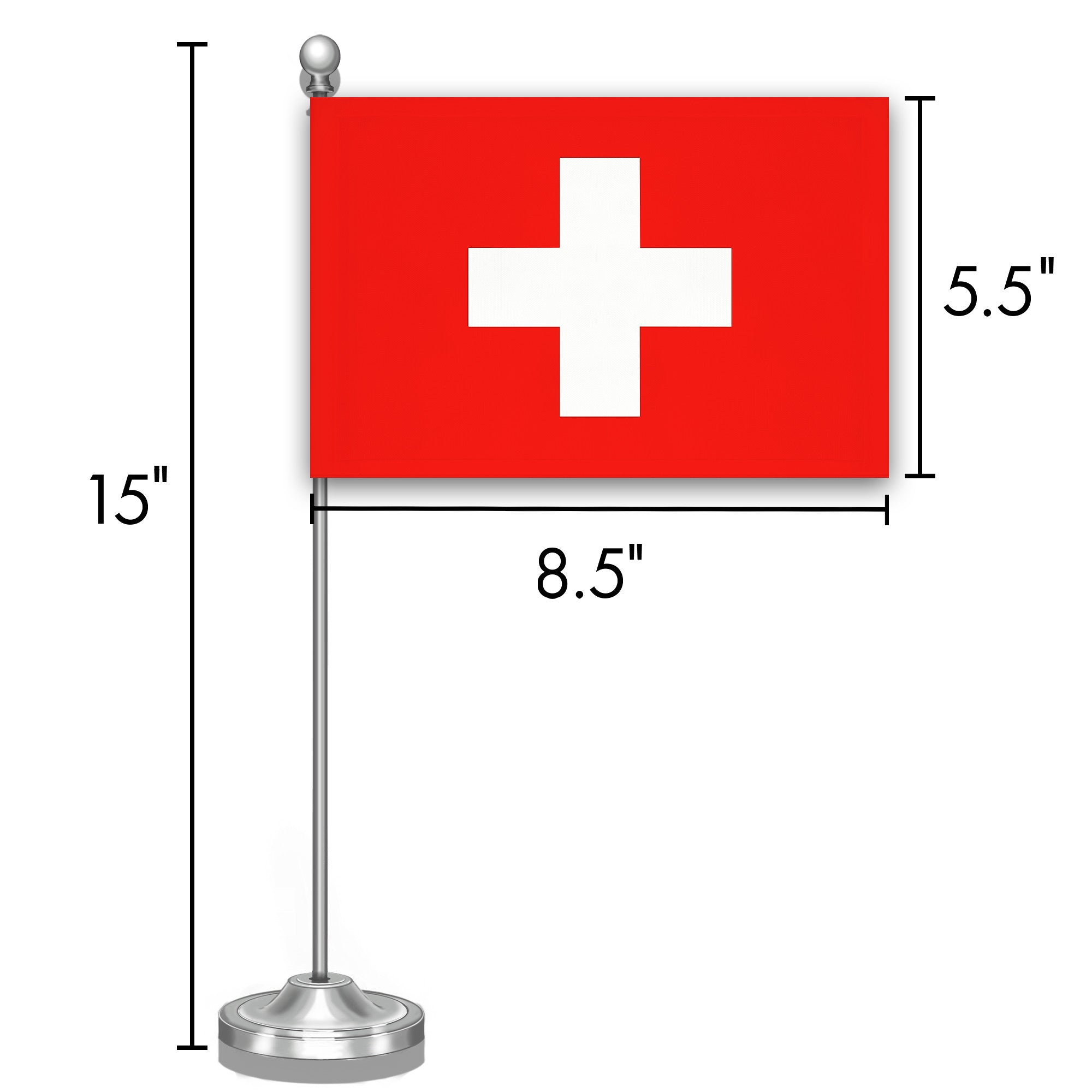 G128 Switzerland Swiss Deluxe Desk Flag Set | 8.5x5.5 In | Printed 300D Polyester, with Silver Dome and Base, 15" Metal Pole, Decorations For Office, Home and Festival Events Celebration