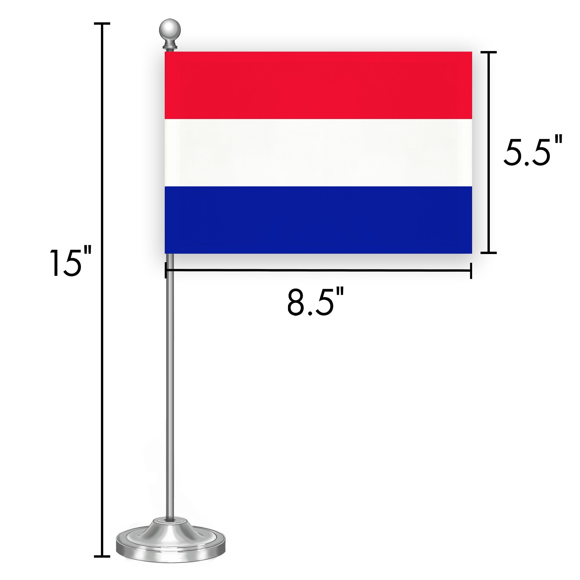 G128 Netherlands Dutch Deluxe Desk Flag Set | 8.5x5.5 In | Printed 300D Polyester, with Silver Dome and Base, 15" Metal Pole, Decorations For Office, Home and Festival Events Celebration
