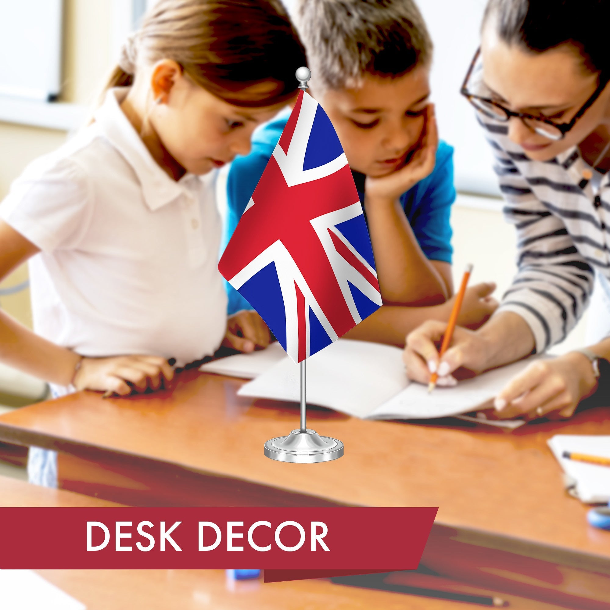 G128 United Kingdom UK Deluxe Desk Flag Set | 8.5x5.5 In | Printed 300D Polyester, with Silver Dome and Base, 15" Metal Pole, Decorations For Office, Home and Festival Events Celebration