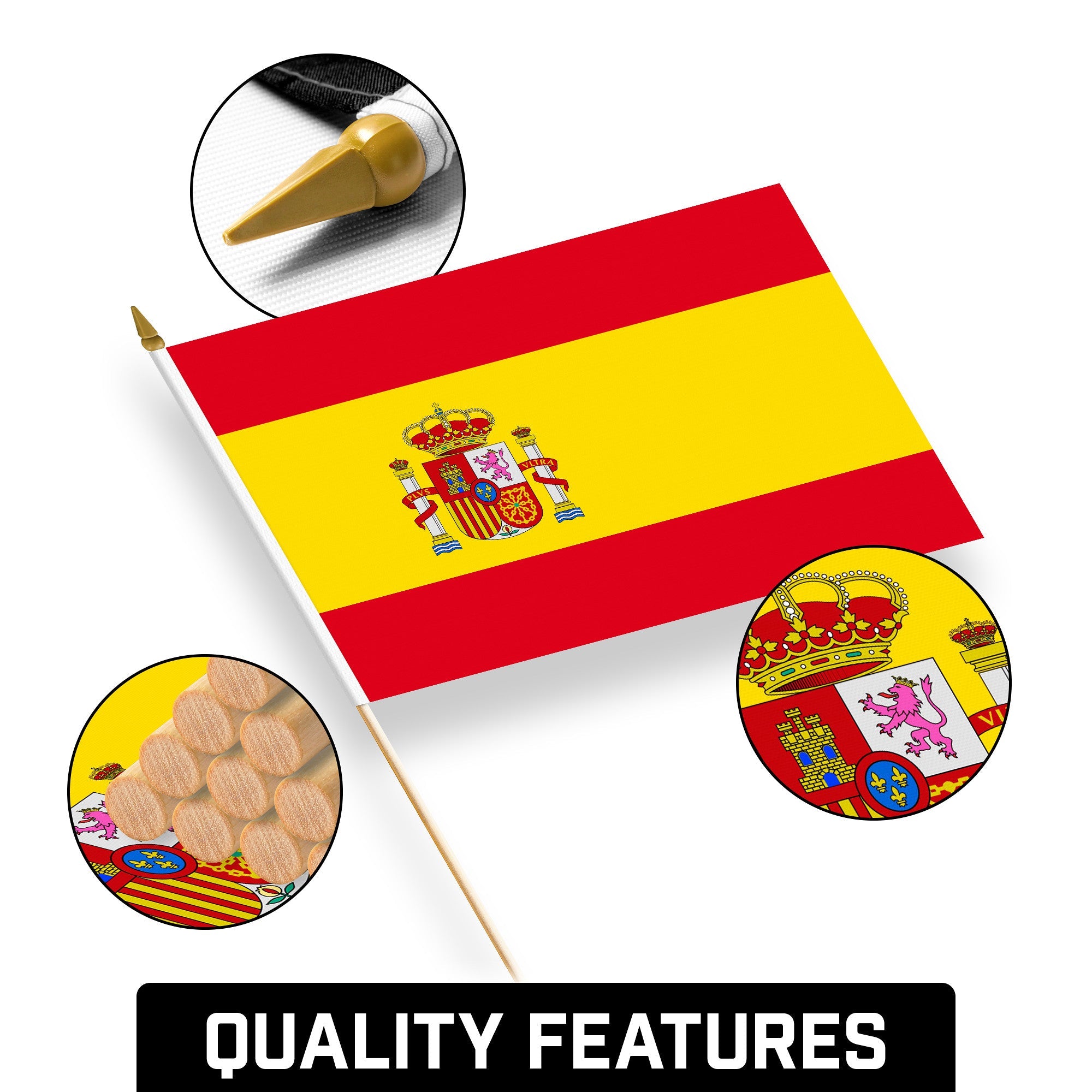 G128 12 Pack Handheld Spain Spanish Stick Flags | 12x18 In | Printed 150D Polyester, Country Flag, Solid Wooden Stick, Spear Gold Tip