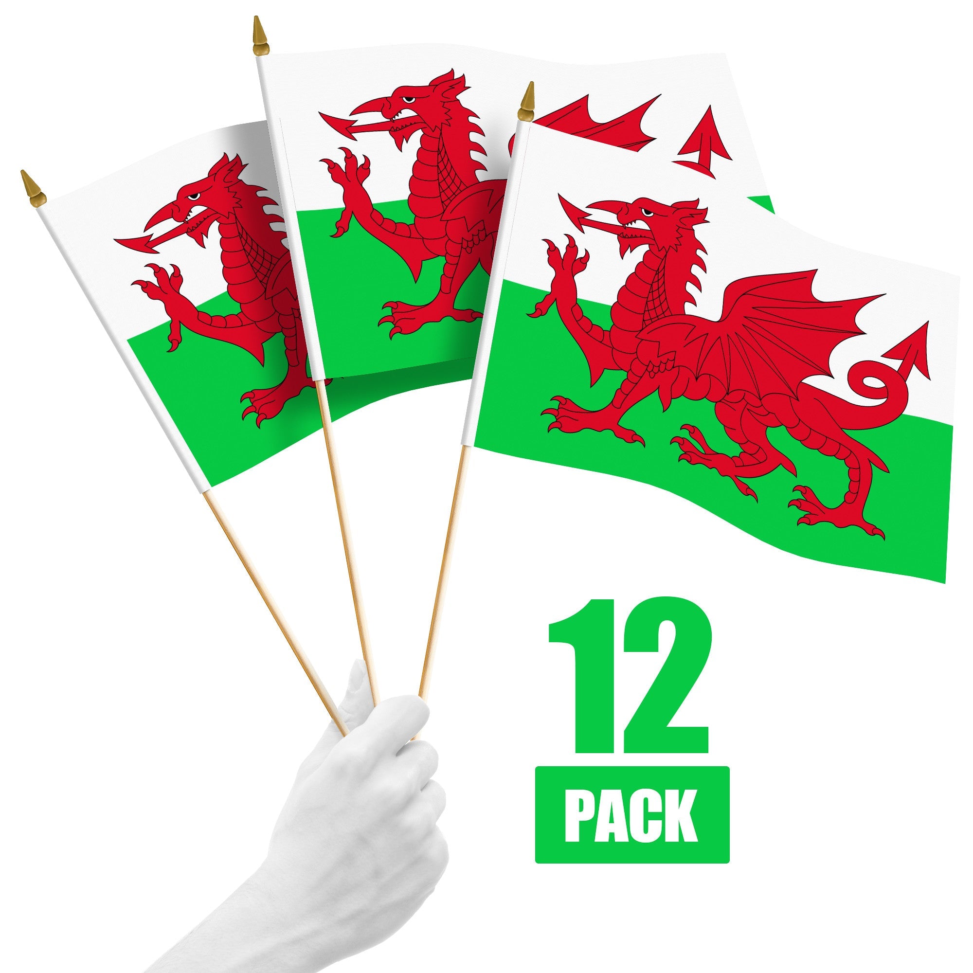 G128 12 Pack Handheld Wales Welsh Stick Flags | 12x18 In | Printed 150D Polyester, Country Flag, Solid Wooden Stick, Spear Gold Tip