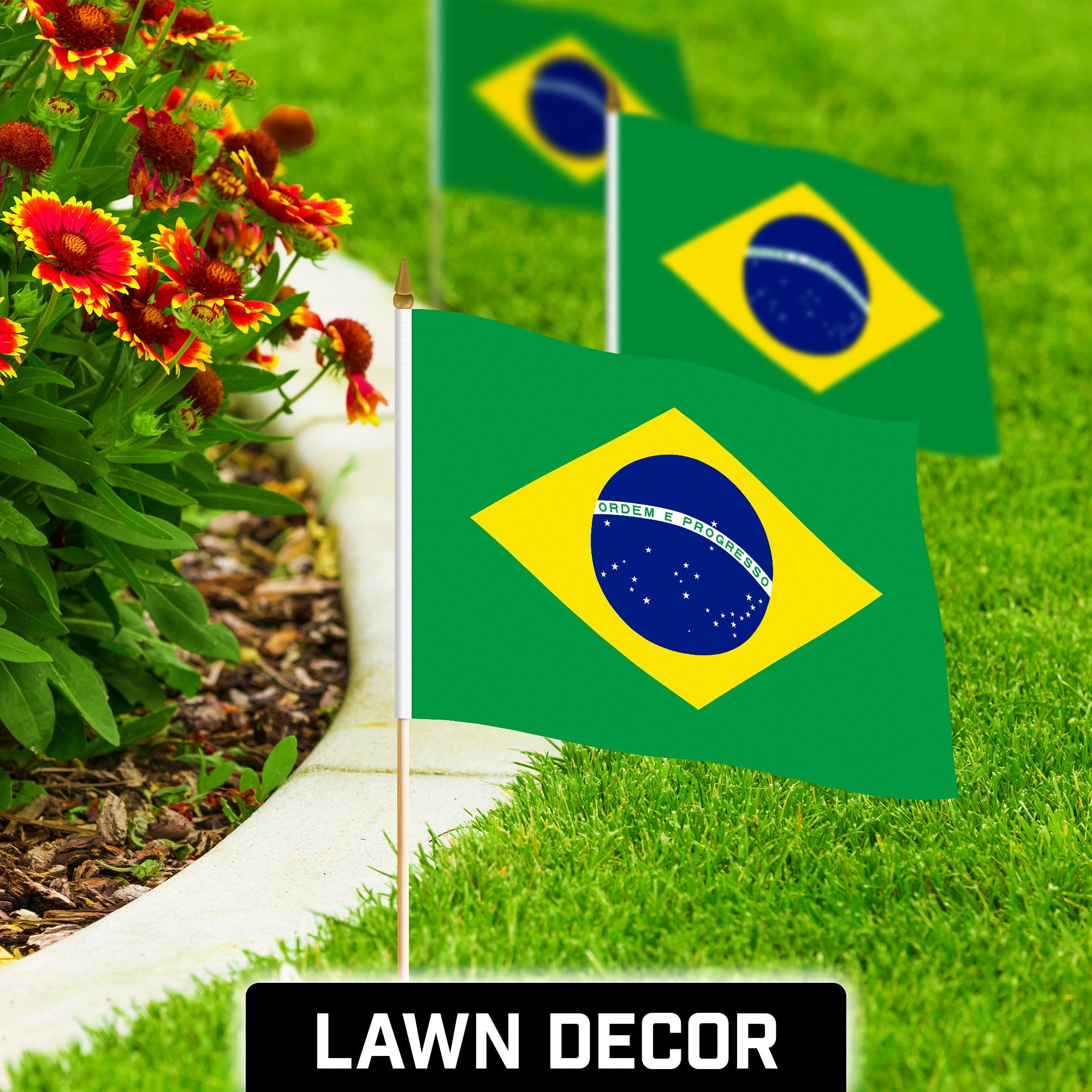 G128 50 Pack Handheld Brazil Brazilian Stick Flags | 12x18 In | Printed 150D Polyester, Country Flag, Solid Wooden Stick, Spear Gold Tip
