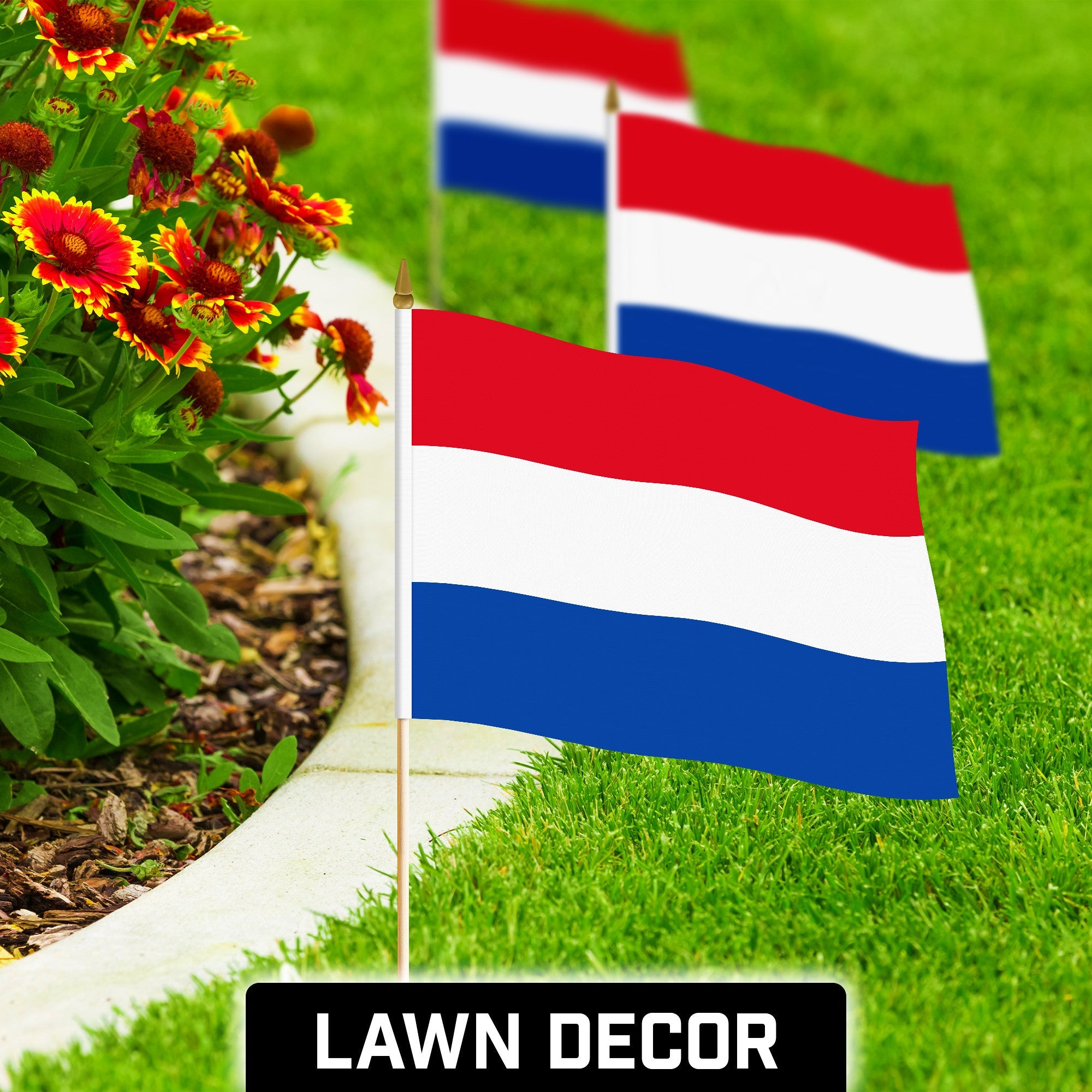 G128 50 Pack Handheld Netherlands Dutch Stick Flags | 12x18 In | Printed 150D Polyester, Country Flag, Solid Wooden Stick, Spear Gold Tip