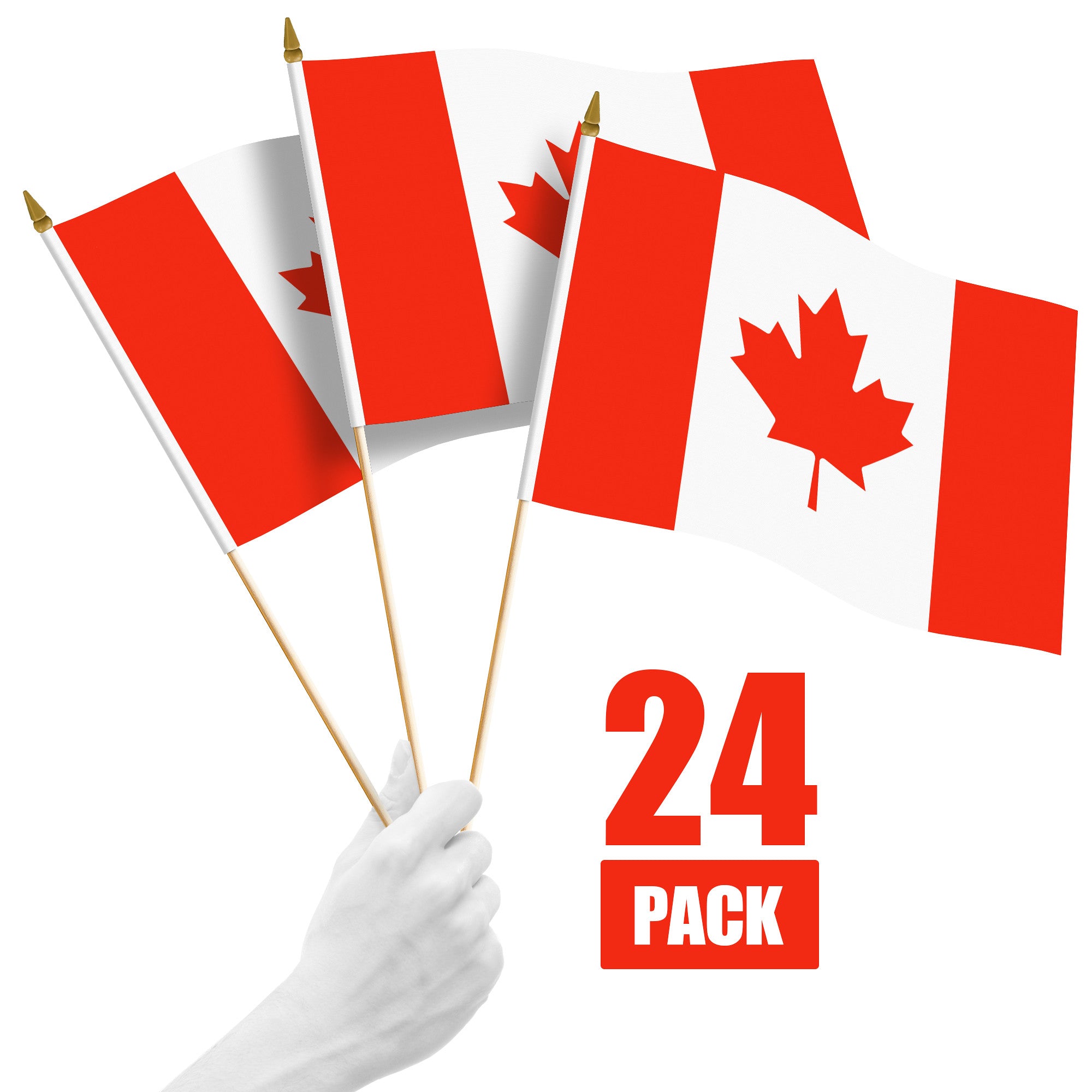 G128 24 Pack Handheld Canada Canadian Stick Flags | 12x18 In | Printed 150D Polyester, Country Flag, Solid Wooden Stick, Spear Gold Tip