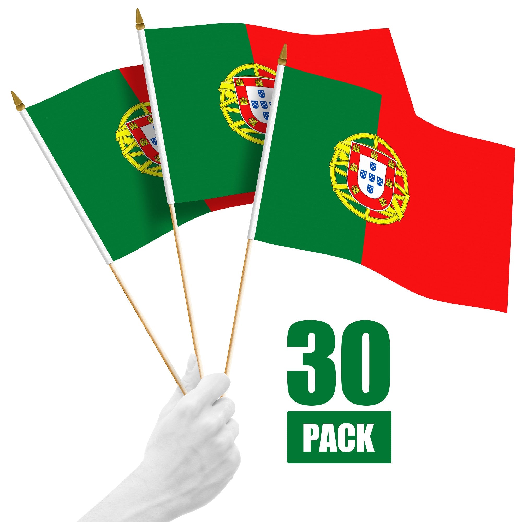 G128 30 Pack Handheld Portugal Portuguese Stick Flags | 12x18 In | Printed 150D Polyester, Country Flag, Solid Wooden Stick, Spear Gold Tip