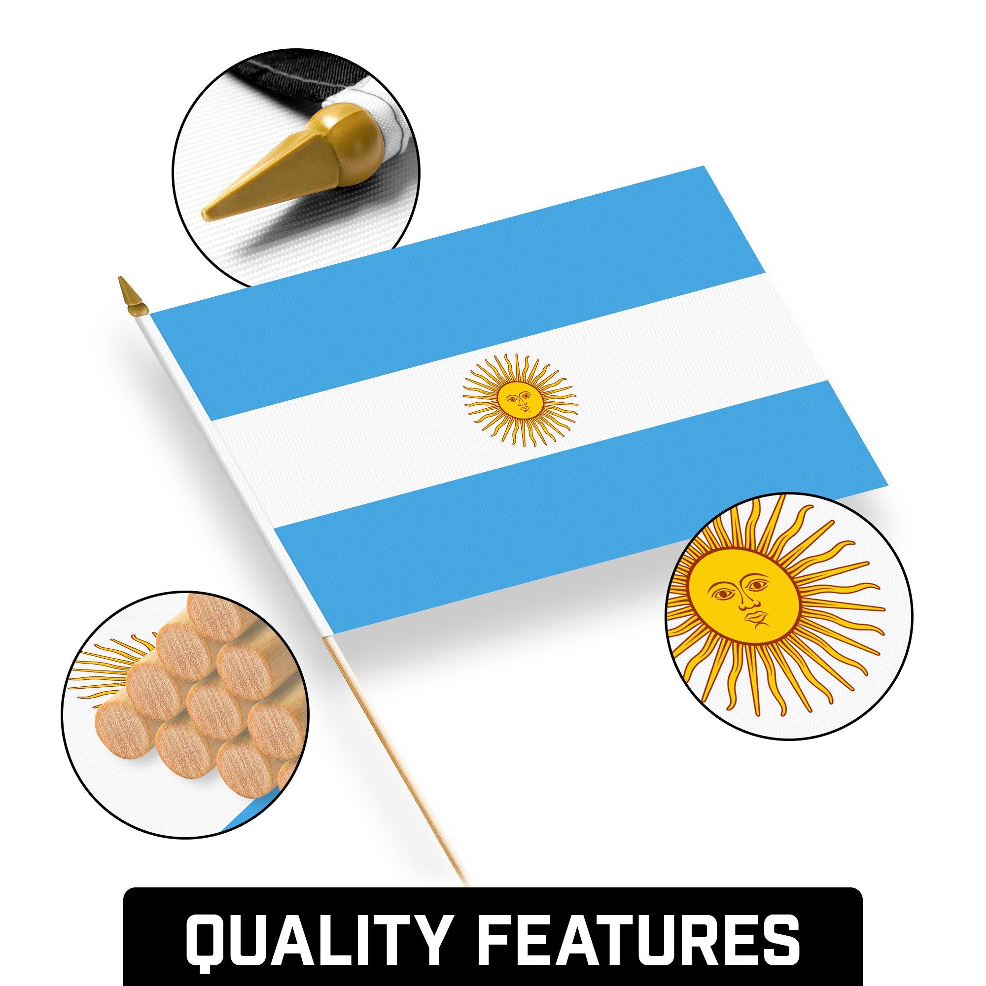 30 Pack Handheld Argentina Argentinian Stick Flags | 12x18 In | Printed 150D Polyester, Country Flag, Solid Wooden Stick, Spear Gold Tip