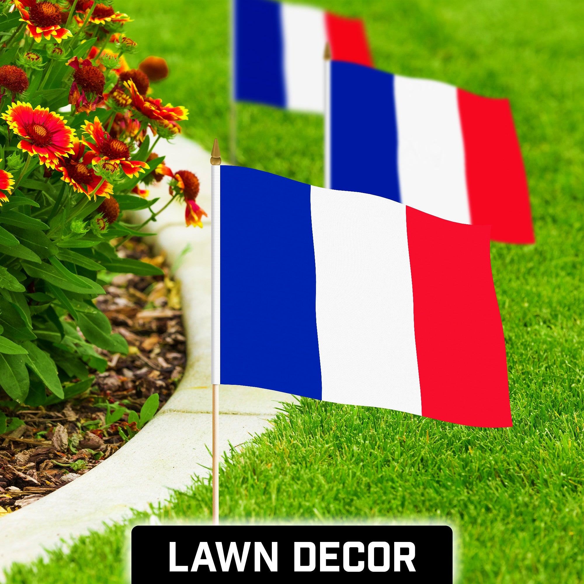 G128 12 Pack Handheld France French Stick Flags | 12x18 In | Printed 150D Polyester, Country Flag, Solid Wooden Stick, Spear Gold Tip