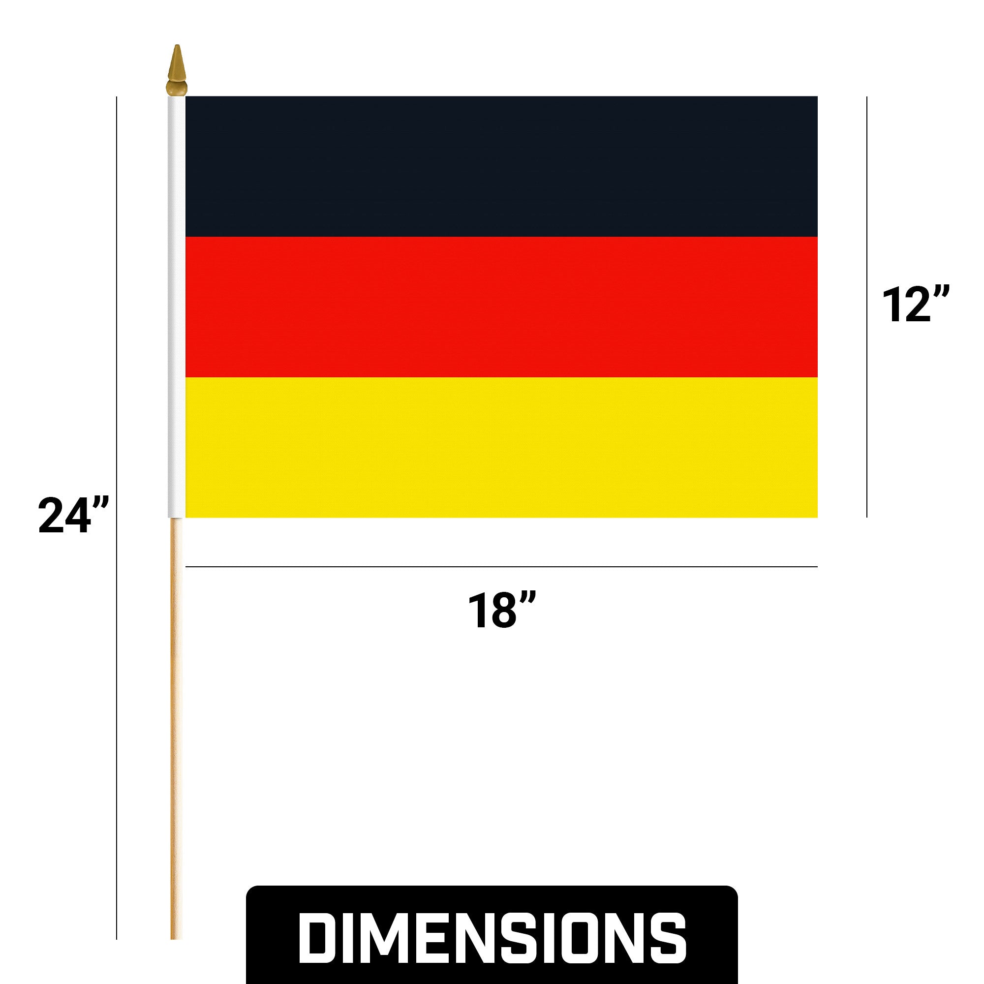 G128 50 Pack Handheld Germany German Stick Flags | 12x18 In | Printed 150D Polyester, Country Flag, Solid Wooden Stick, Spear Gold Tip