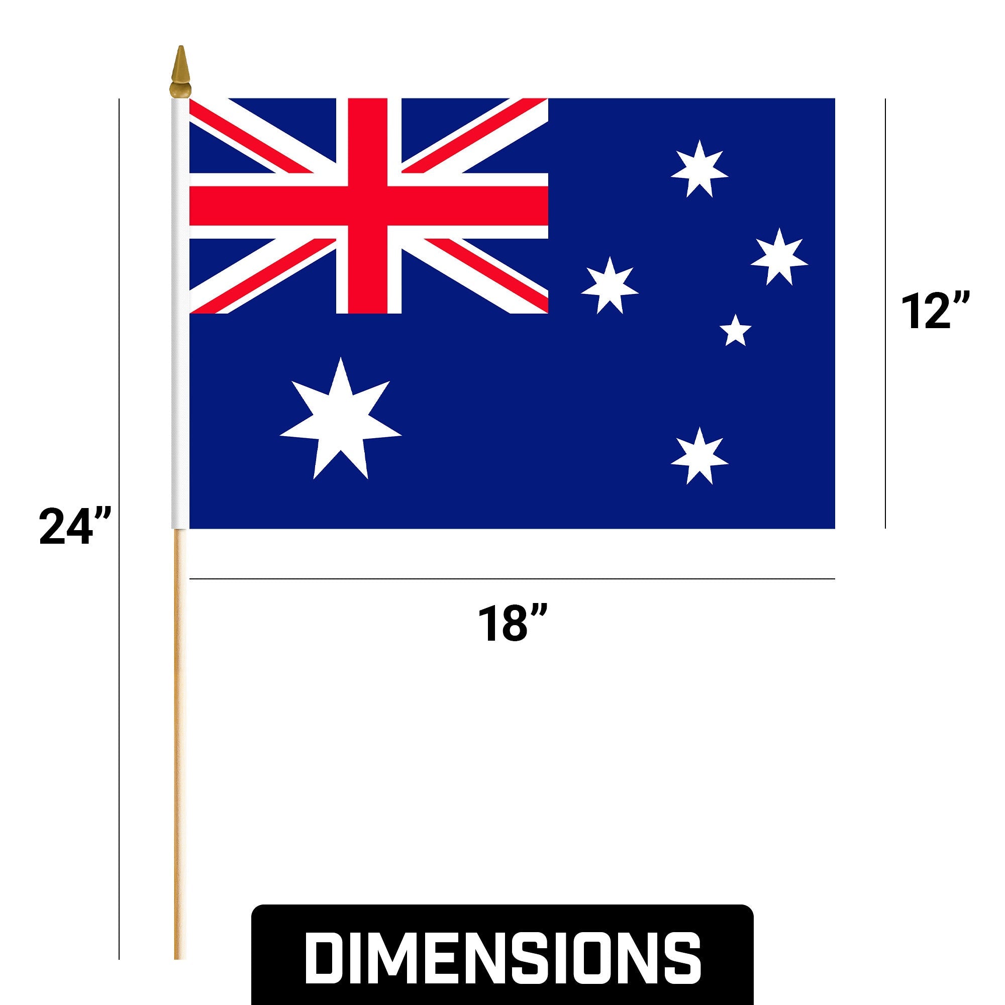 G128 50 Pack Handheld Australia Australian Stick Flags | 12x18 In | Printed 150D Polyester, Country Flag, Solid Wooden Stick, Spear Gold Tip
