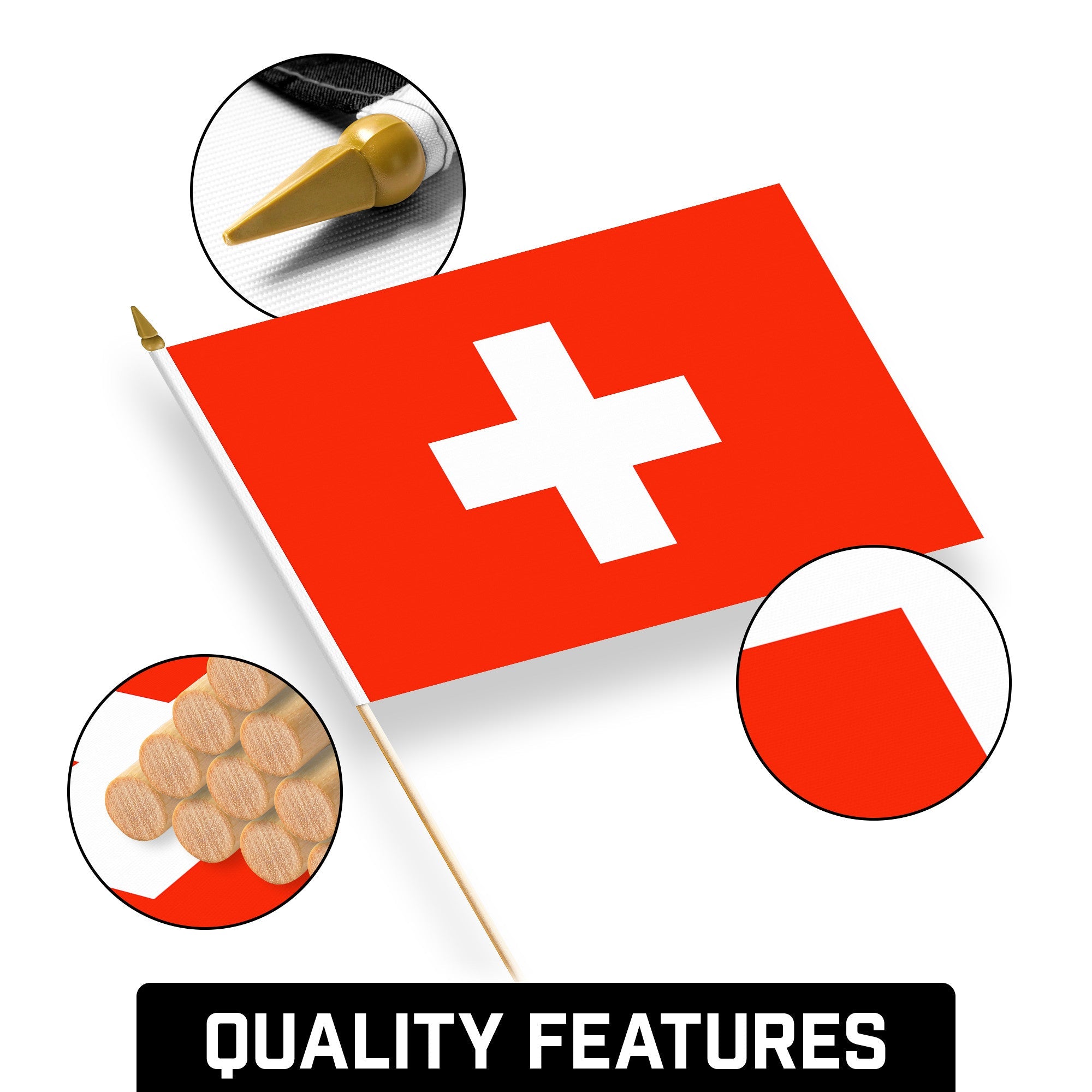 G128 30 Pack Handheld Switzerland Swiss Stick Flags | 12x18 In | Printed 150D Polyester, Country Flag, Solid Wooden Stick, Spear Gold Tip