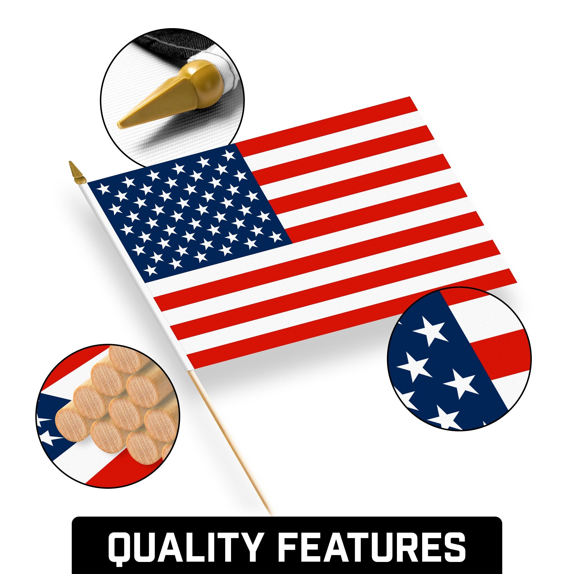 G128 50 Pack Handheld American USA Stick Flags | 12x18 In | Printed 150D Polyester, Country Flag, Solid Wooden Stick, Spear Gold Tip, Great for Patriotic Decorations